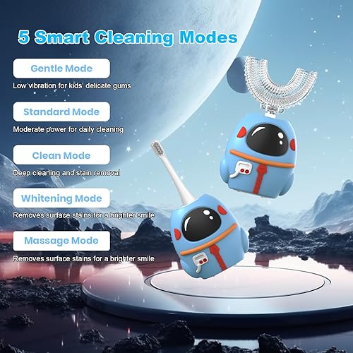 Miniatura 6 de FTOYIN Cepillo de dientes eléctrico para niños, cepillo de dientes en forma de U con 4 cabezales de cepillo, limpieza ultrasónica de 360, 5 modos,