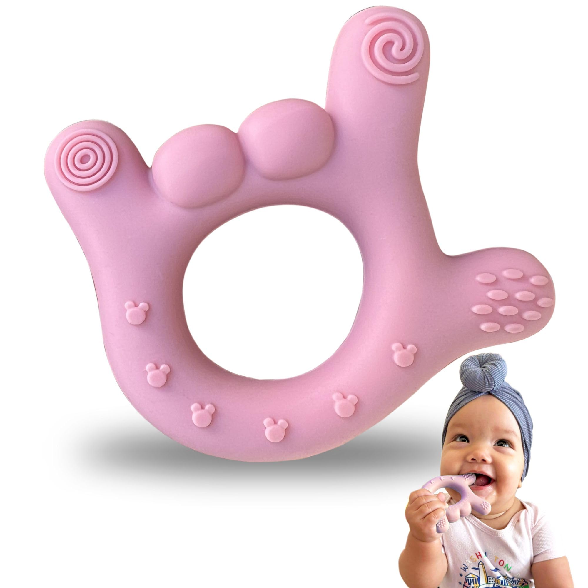 I Love You Silicone Hand Teether, Teethers for Babies 3-6 Months, Soft Teething Toys 6-12 Months bpa Free, Massaging Teething Relief (Blush Pink)