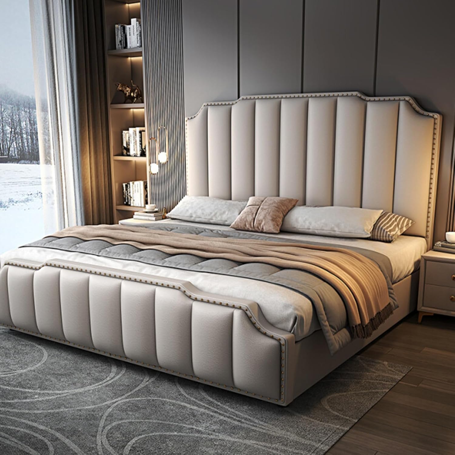 Modern King Size Luxury Genuine Leather Wood Bed Upholstered Platform Bed Frame with Headboard and Lift Up Storage Strong Wooden Slat Support No Box Spring Needed