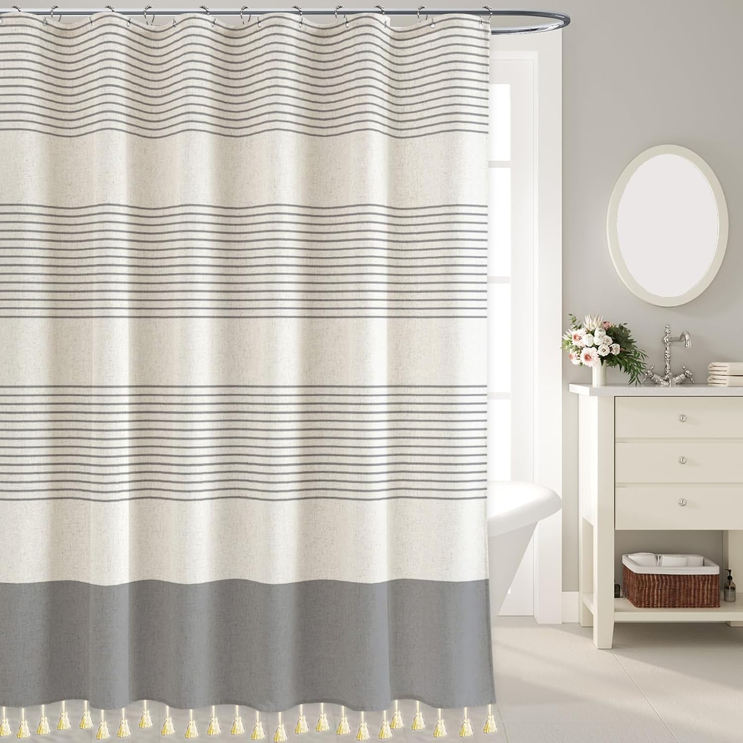 WOUVMA Boho Shower Curtains for Bathroom with Tassels Grey Farmhouse Striped Shower Curtain Beige Rustic Linen 72x72 Inches