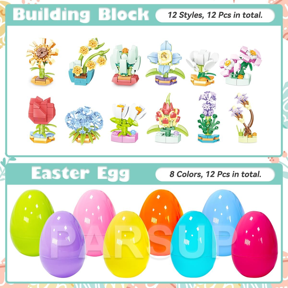 PARSUP 12 Pack Easter Plastic Eggs with Flower Building Blocks for Easter Theme Party Favors, Supplies for Easter Egg Hunt, Basket Stuffers/Fillers, Classroom Prize Supplies Toddler Boys Girls