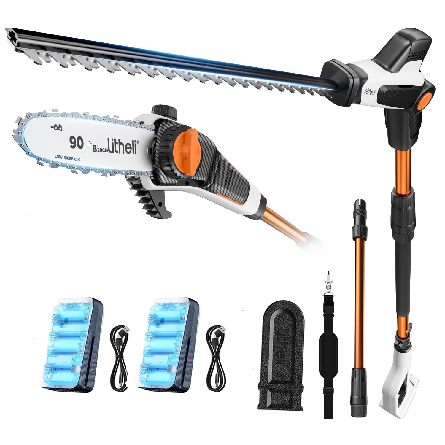 Litheli Stabheckenschere & Hochentaster mit zwei 2.0Ah Akkus, 47 cm Akku Teleskop Heckenschere, abwinkelbarer Kopf und Teleskopstiel zum Schneiden von Ästen, Trimmen.