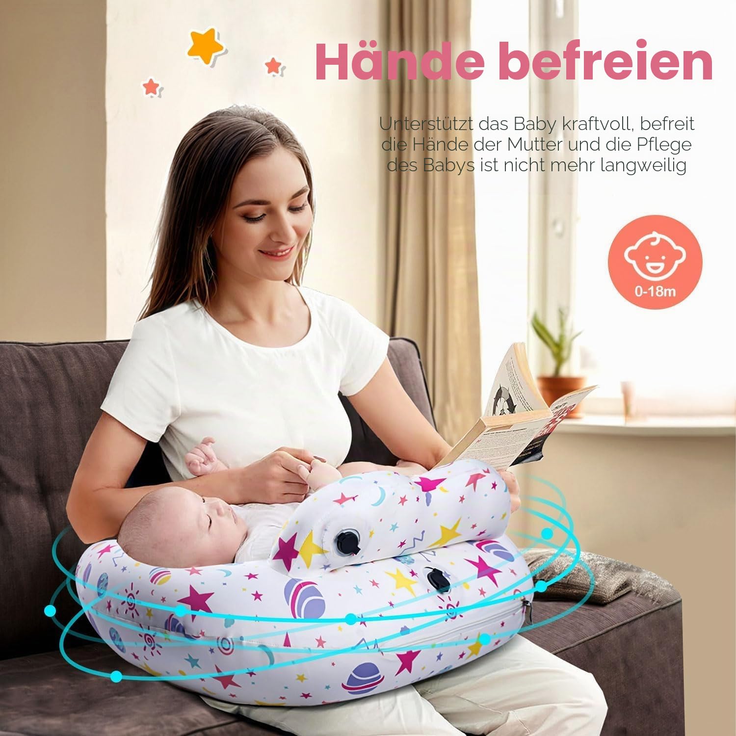 Aufblasbares Stillkissen zum Stillen & Flaschenfüttern - Tragbares Reise-Fütterungskissen mit verstellbarem Hüftgurt - Weicher Baumwollbezug - Geruchsfrei Verdickte TPU-Innenseite - Abnehmbar