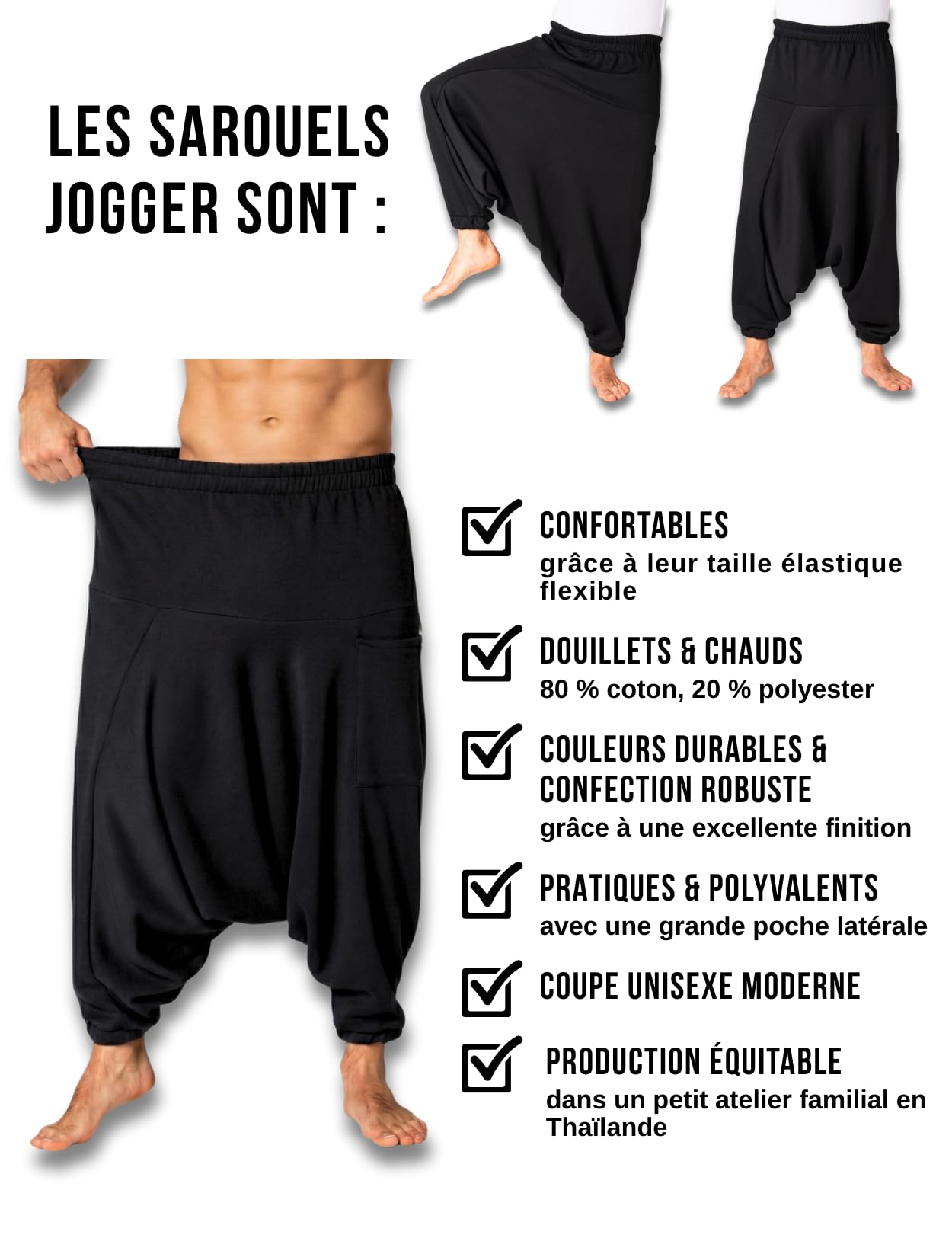 PANASIAM Sarouel Femme & Homme - Pantalon de Yoga Chaud Unisexe | Forte teneur en coton, entrejambe bas, taille élastique, matière sweat douce, pantalon d'hiver pour les journées fraîches