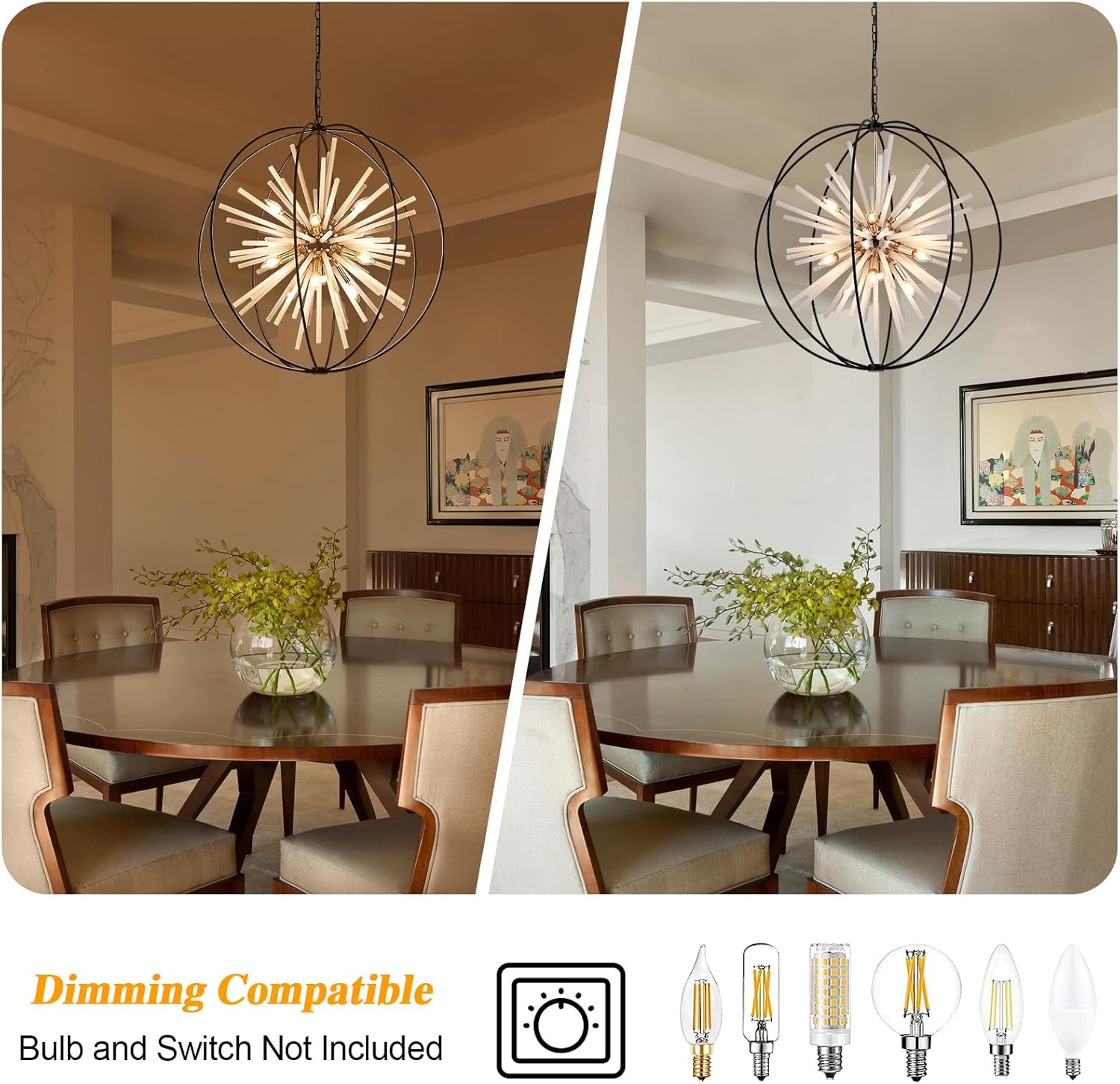31.5" Black Gold Large Globe Sputnik Chandelier, 12-Light Mid Century Modern Industrial Starburst Golden Satellite Light Fixture for High Ceiling Living Room Dining Room Foyer Stairway,E12