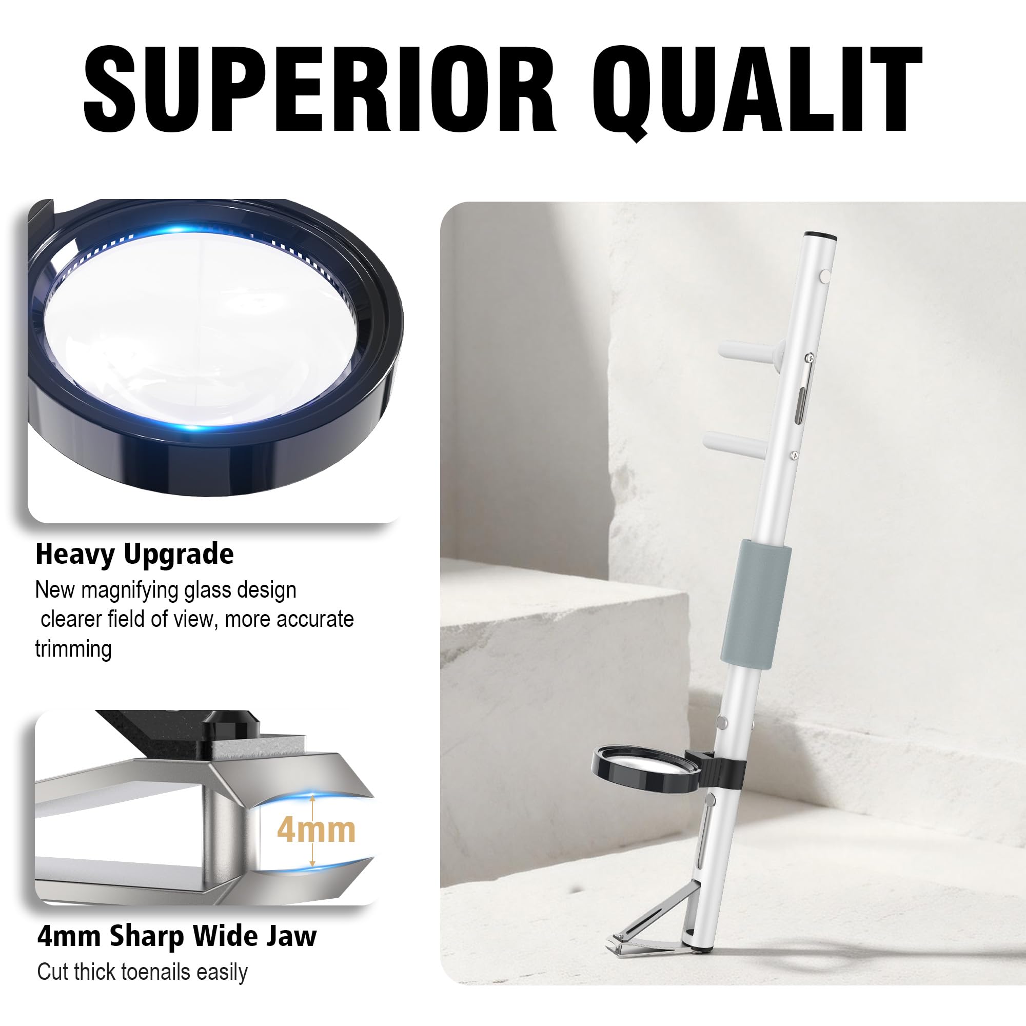 Long Reach Toenail Clippers 27.5" with Magnifier, White