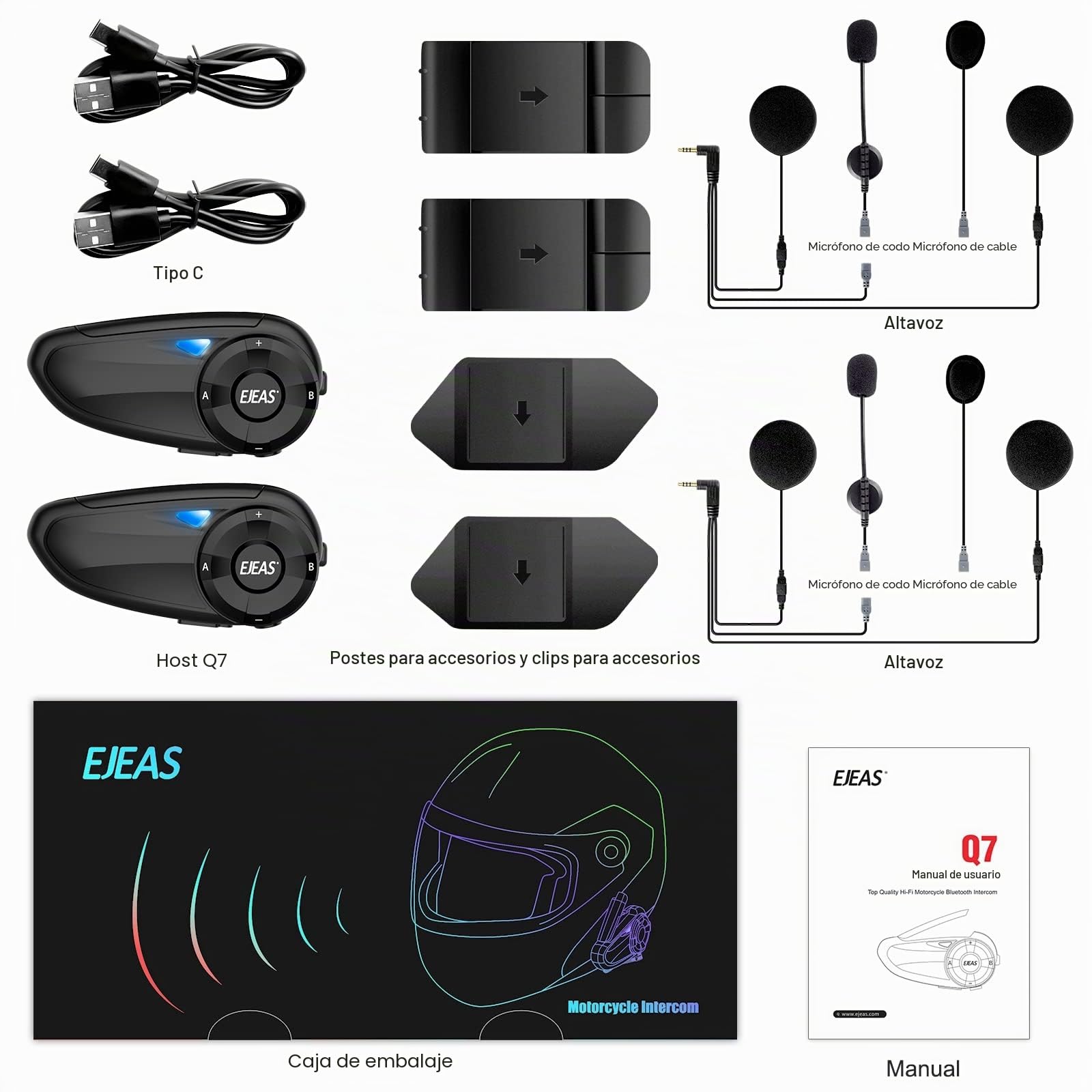 EJEAS Q7 intercomunicador Bluetooth de Motocicleta, Distancia de intercomunicación 800m, Puede Realizar hasta 7 Conexiones, 2 Intercomunicadores simultáneos (Q7-2)