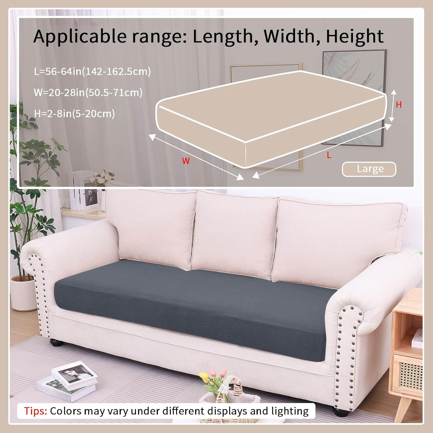 hyha Waterproof Couch Cushion Covers, Against Spills, Couch Cover for Dogs Washable, Thick Elastic Jacquard Fabric, Waterproof Sofa Seat Slipovers for Pets (1 Piece for Large, Dark Grey)