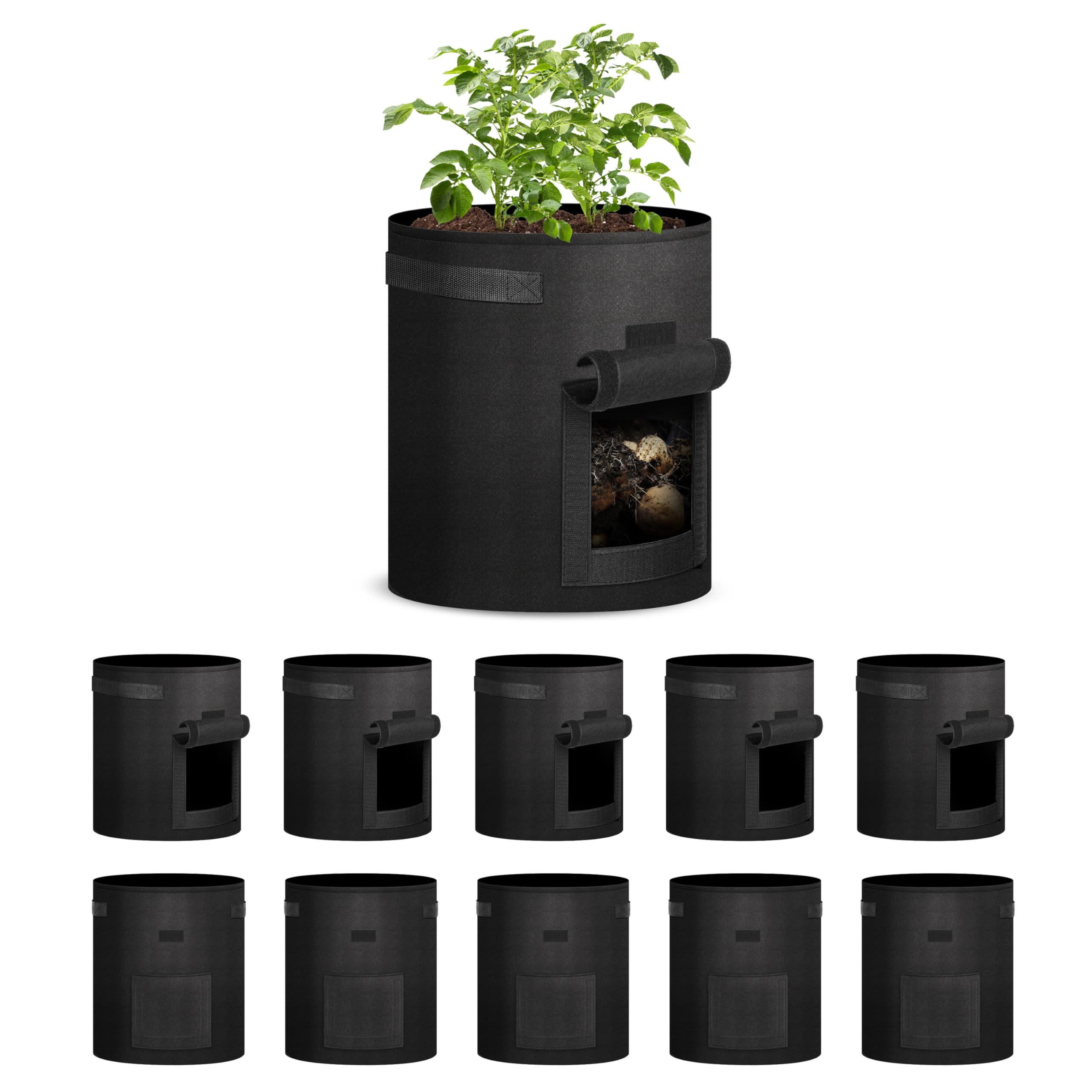 iPower Macetas de Tela de aireación no Tejida Gruesa con asa, Solapa de Acceso y Ventana de Velcro, fácil de cosechar, para Tomate, Verduras, galón