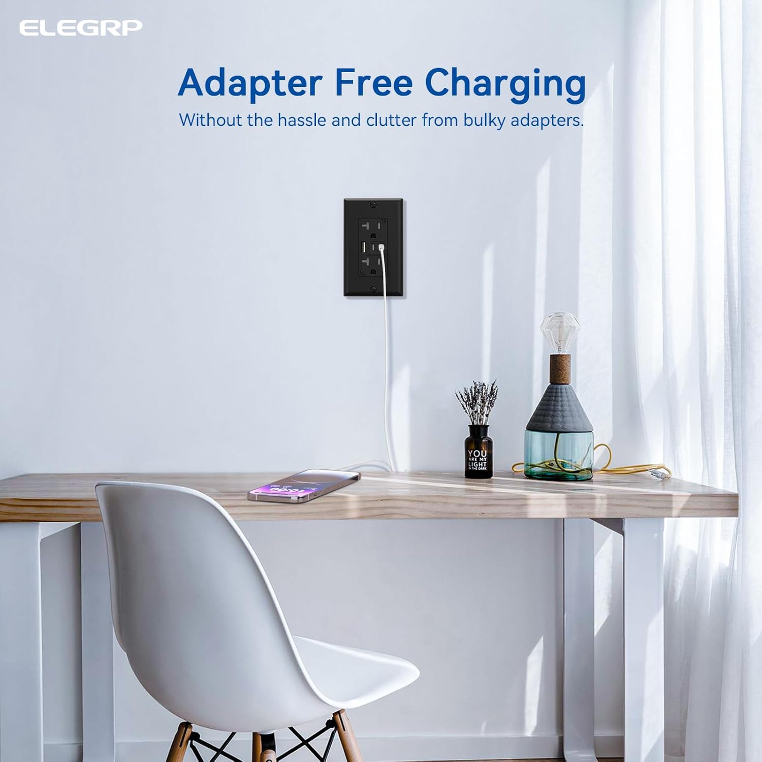 ELEGRP USB Outlets, 20 Amp Wall Outlet with 3 USB Ports, Dual USB C Ports Outlets, TR Tamper-Resistant USB Outlets Receptacles, Wall Plate Included, UL/CUL Listed, 6 Pack, Black