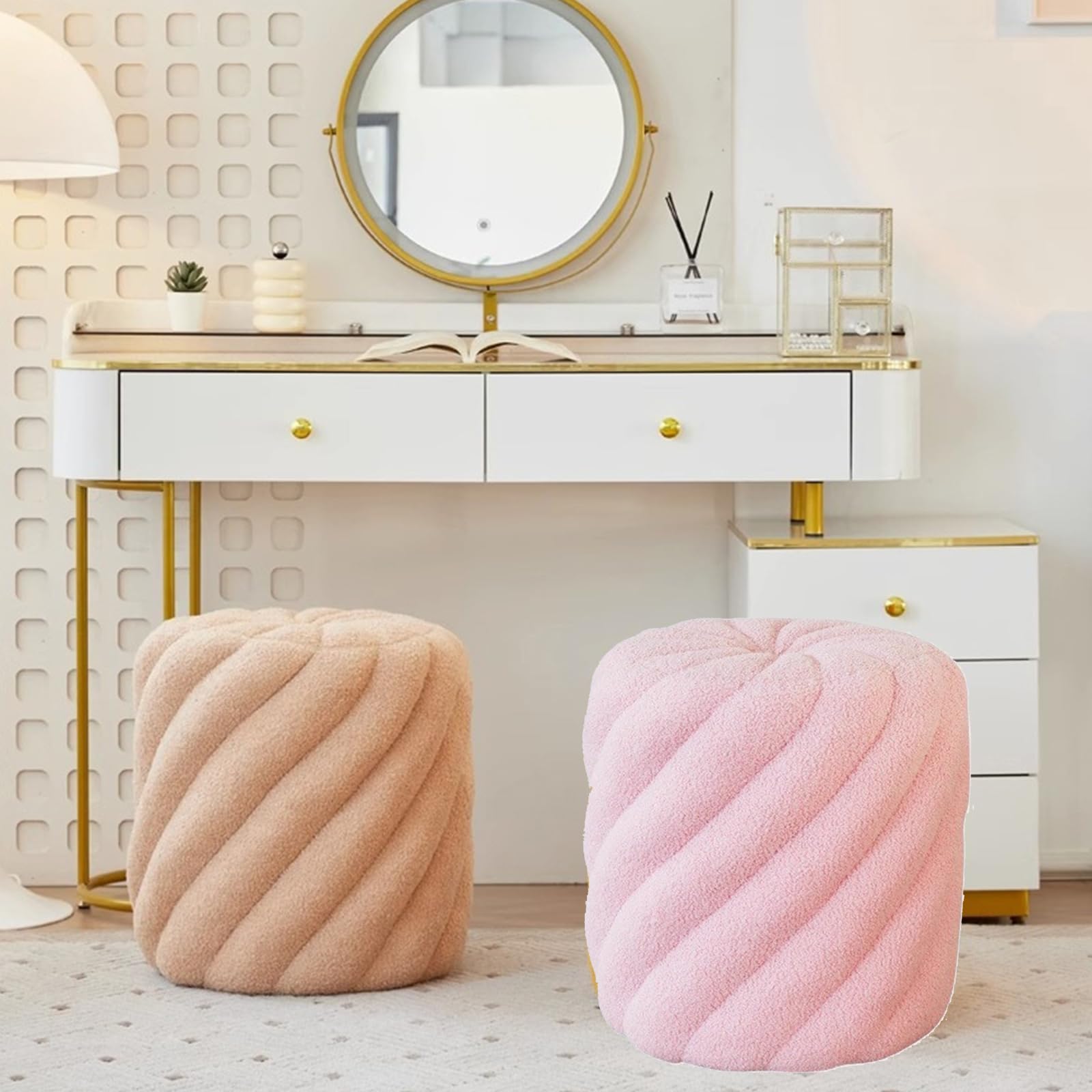 Moderno ottomano rotondo con seduta morbida imbottita, sgabello multifunzionale in pile per trucco, poggiapiedi imbottito per soggiorno camera da letto