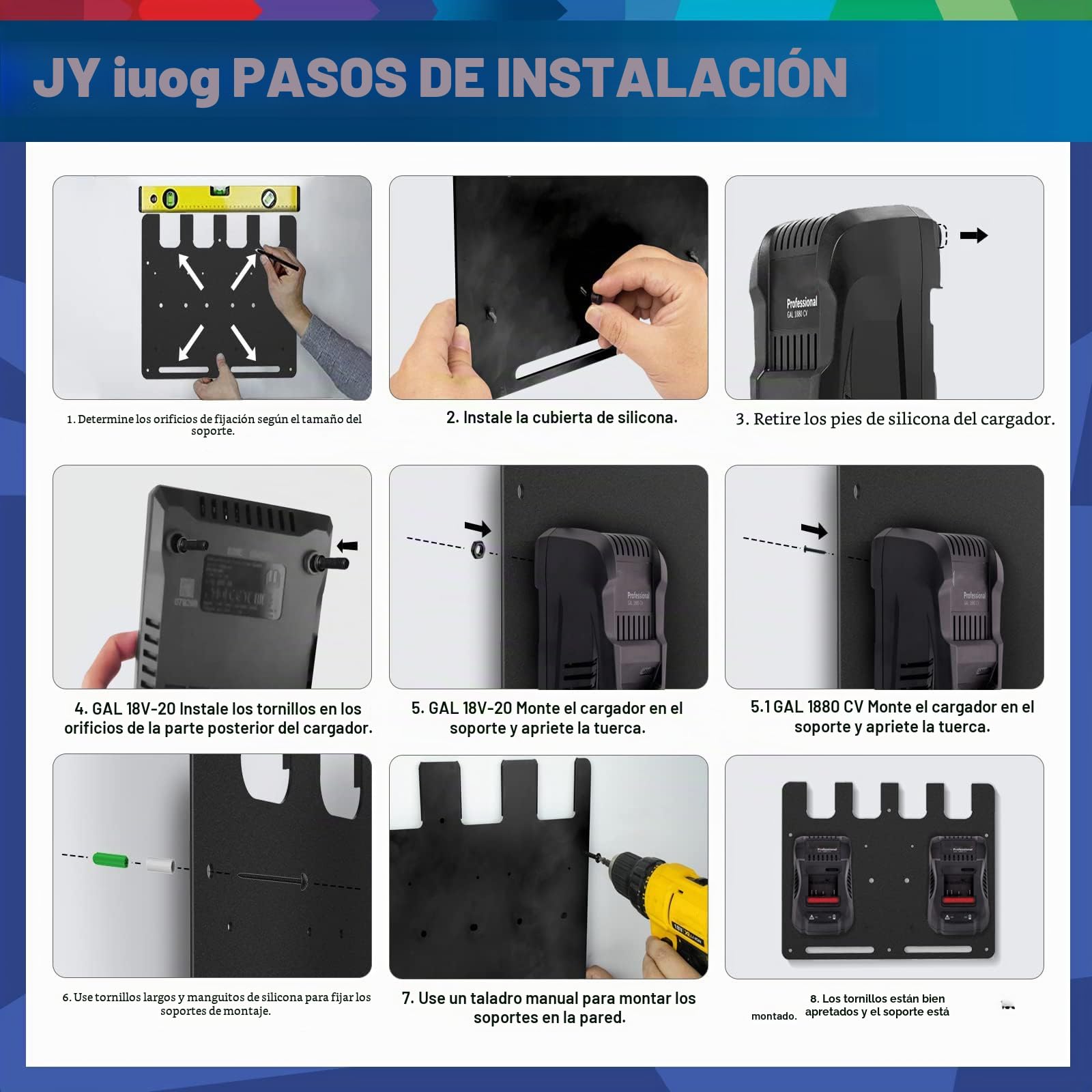 Soporte de pared para batería Bosch y cargadores de pared | Soporte estable para 4 baterías y cargador | para Bosch 3xGAL 1880 CV y 3xGAL 18V-20 |