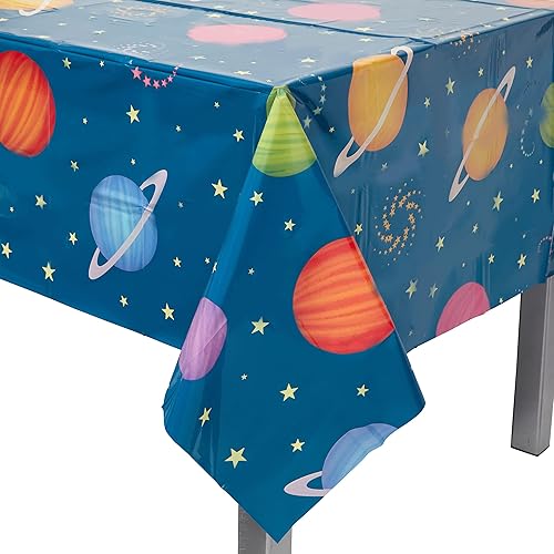 Miniatura 3 de BLUE PANDA Paquete de 3 manteles de plástico para el espacio exterior, fundas desechables de mesa de planetas para decoraciones de fiesta de