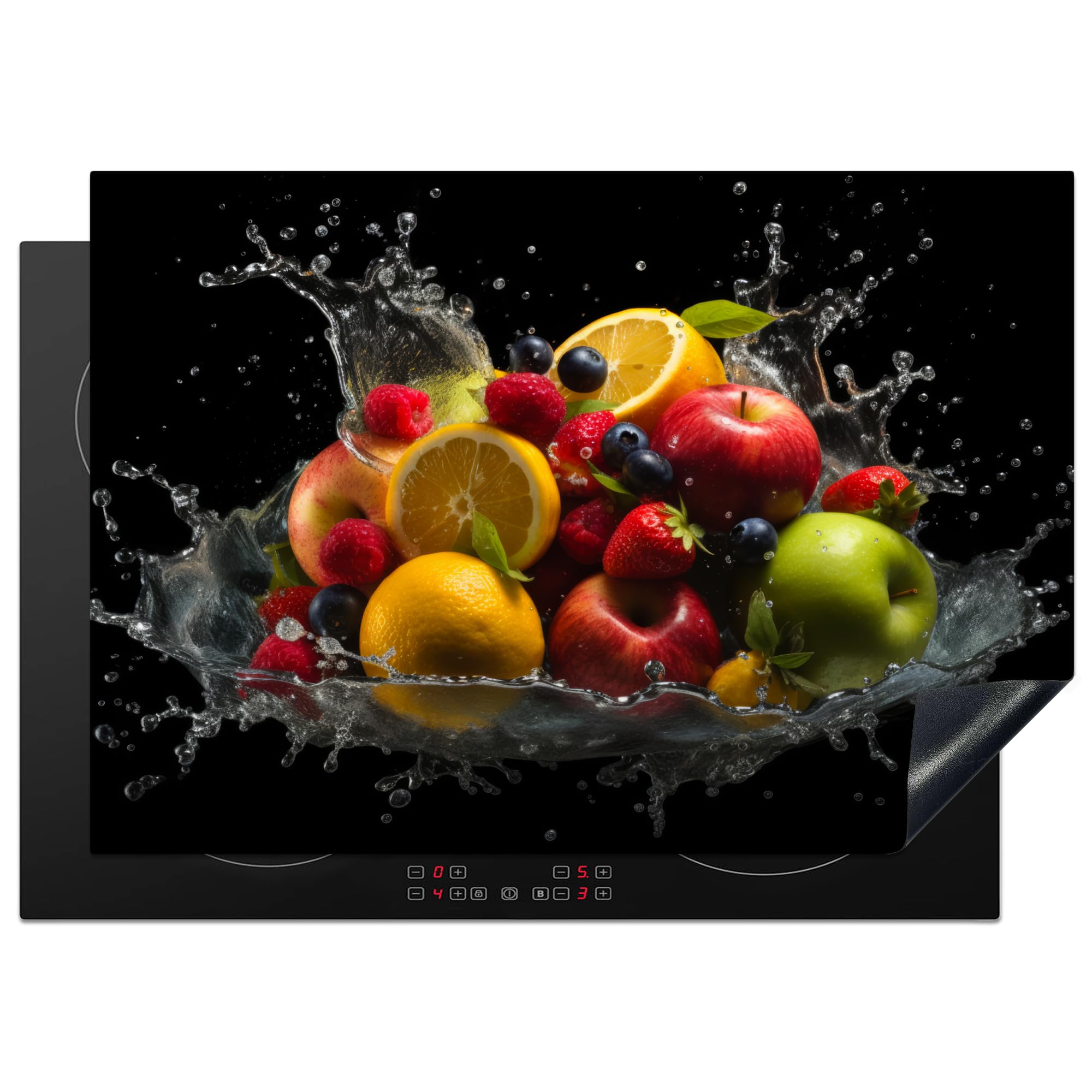 KitchenYeah© Herdabdeckplatte Einteilig Herdabdeckung Abdeckplatte für Ceranfeld Abdeckung Induktionskochfeld Aufrollbare Matte Obst - Apfel - Orange - Rot - Wasser - 75x52 cm