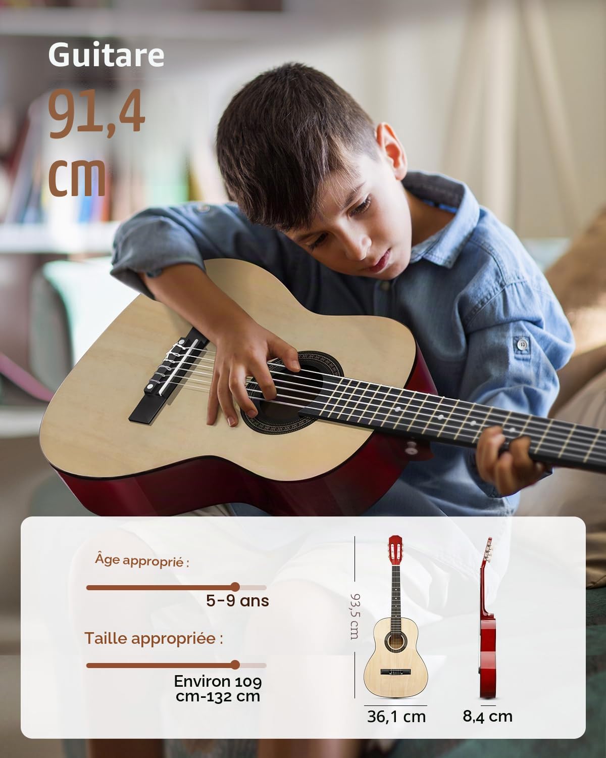 Moukey Guitare Acoustique 36 Pouces pour Débutants Enfants et Jeunes, guitare voyage Dreadnought 3/4 avec housse, accordeur, médiators, cordes nylon, capodastre et sangle