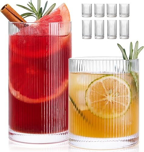 LUNA & MANTHA Juego de Vasos Acanalados para Beber Set de 8-17oz Vasos Highball de Gran Capacidad, Vasos Rocks de 12oz, Vasos de Cóctel Vintage,