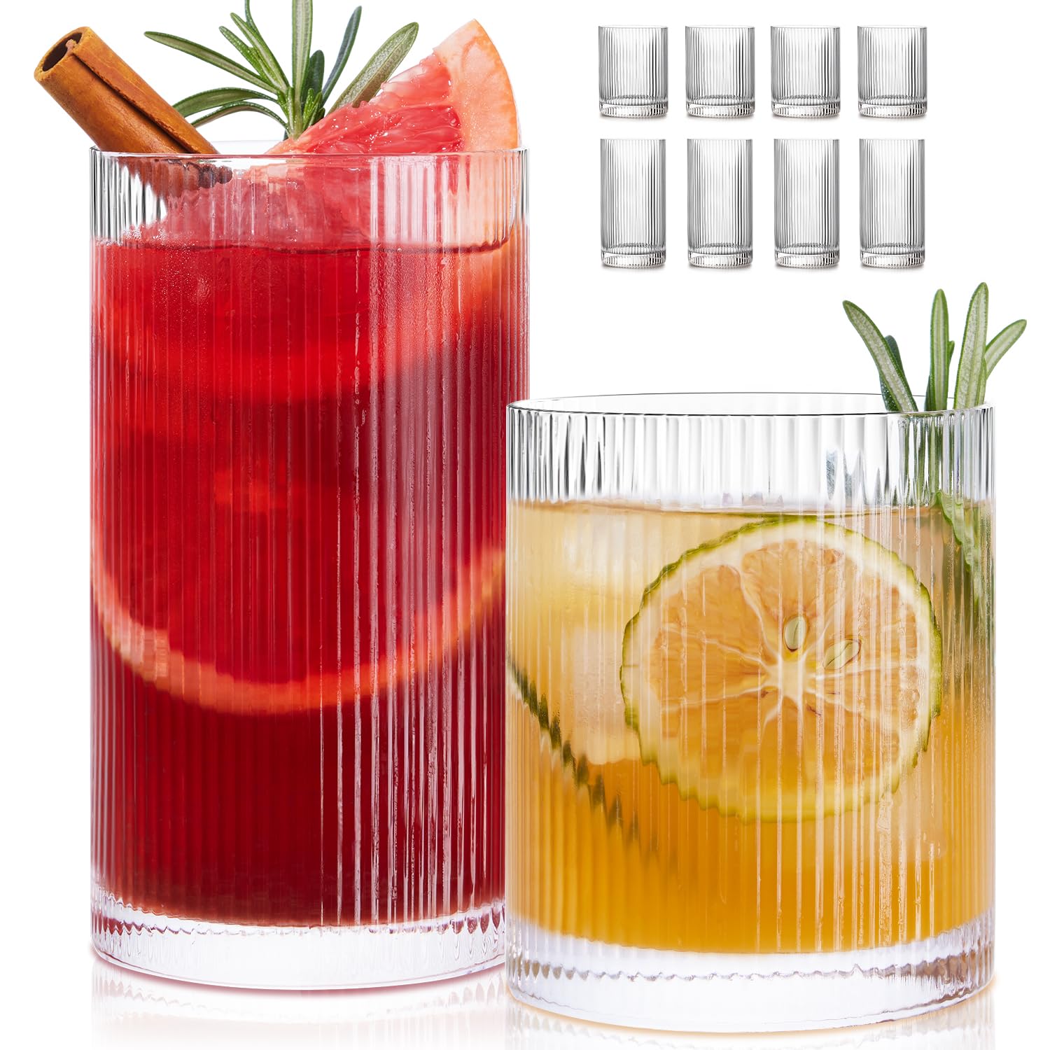 LUNA MANTHA Ribbed Glasses Drinking Set of 8-17oz Large Capacity Highball Glasses 12oz Rocks Glass Cups Vintage Cocktail