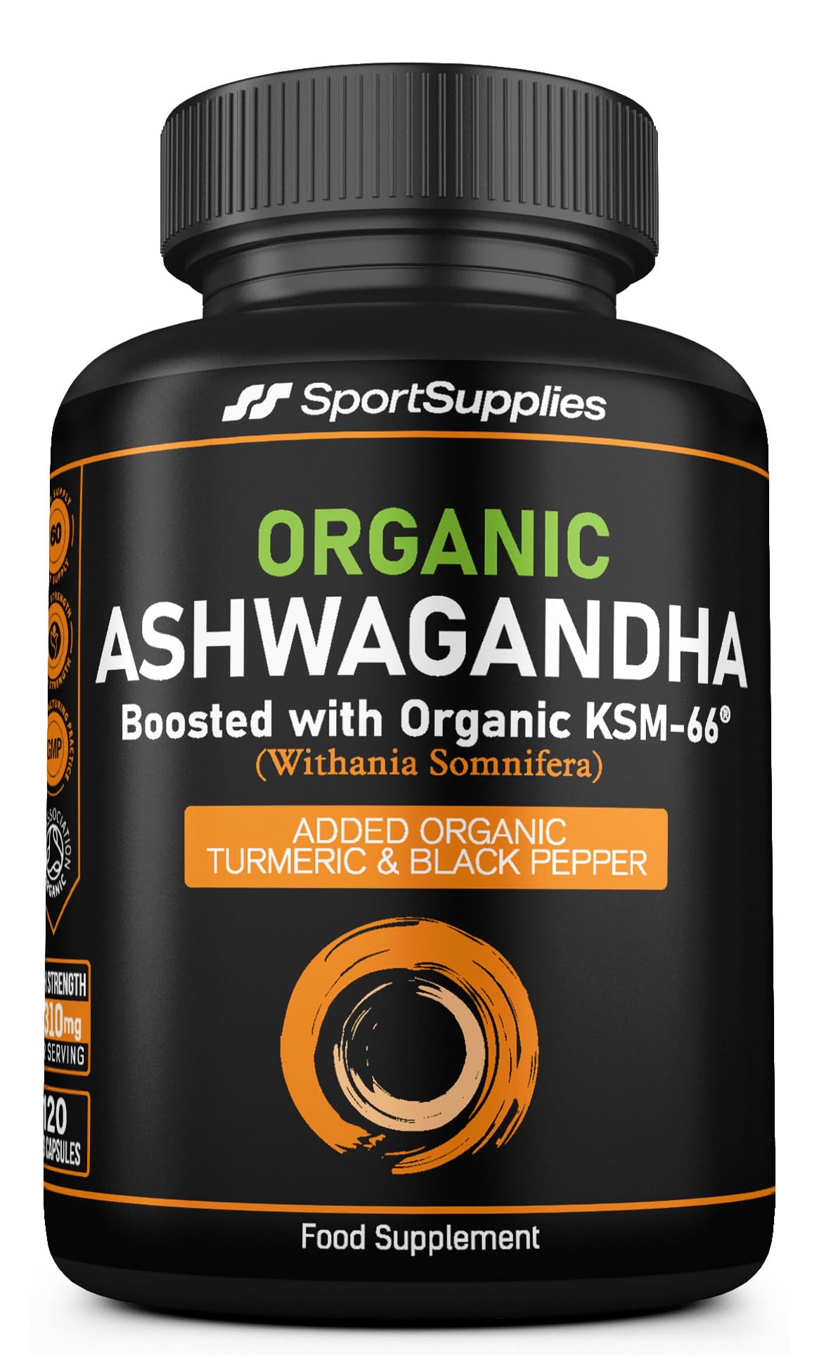 Organic Ashwagandha Capsules 1200mg - Boosted with 1000mg of Organic KSM-66 with 5% Withanolides (from 100mg Extract Ratio 10:1) - Added Turmeric 100mg and Black Pepper - UK ManufacturedEU Organic