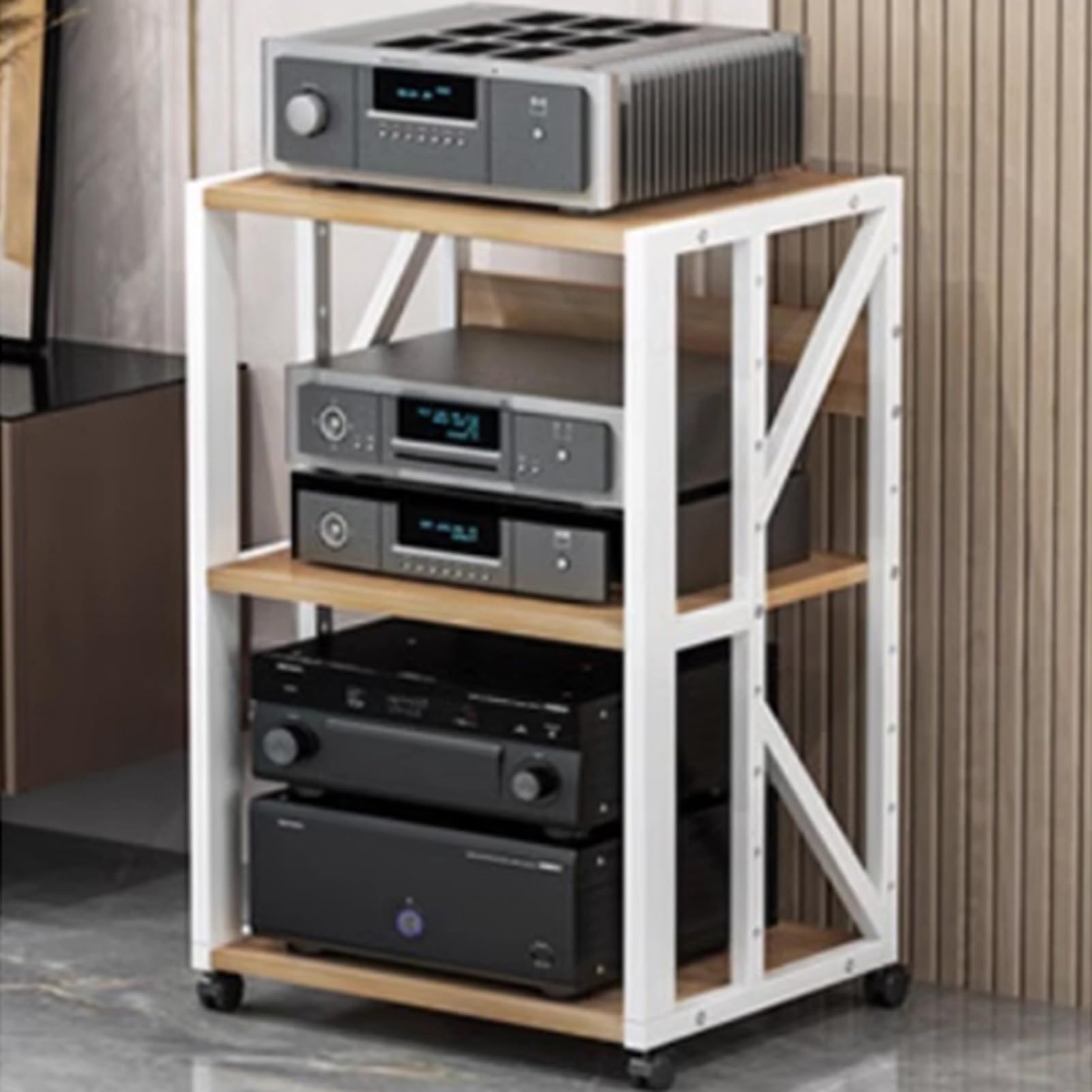 Stojak na audio, stojak na nośniki audio, stojak na odtwarzacz płyt 3-poziomowy, uchwyt multimedialny AV stojak audio z kółkami, do konsol do gier, gramofon, gramofon, szafka multimedialna