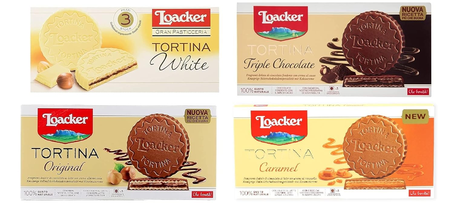 Italian Gourmet Bundle assortiment de gaufrettes enrobées de chocolat 4 x 63 g, Tortina White Original Triple Chocolate Caramel, biscuits fourrés croustillants, chocolat + Italian Gourmet Polpa