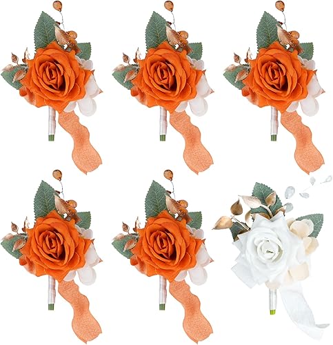 Weslymoo Boutonniere de rosas blancas y naranjas quemadas para hombres, juego de 6 flores sintéticas para novios y padrinos de boda, para ceremonia