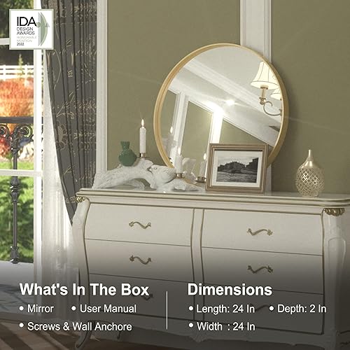 Miniatura 5 de Espejo redondo dorado para pared, espejo de baño circular de 24 pulgadas, espejo de pared de baño redondo con textura acanalada, espejo de pared