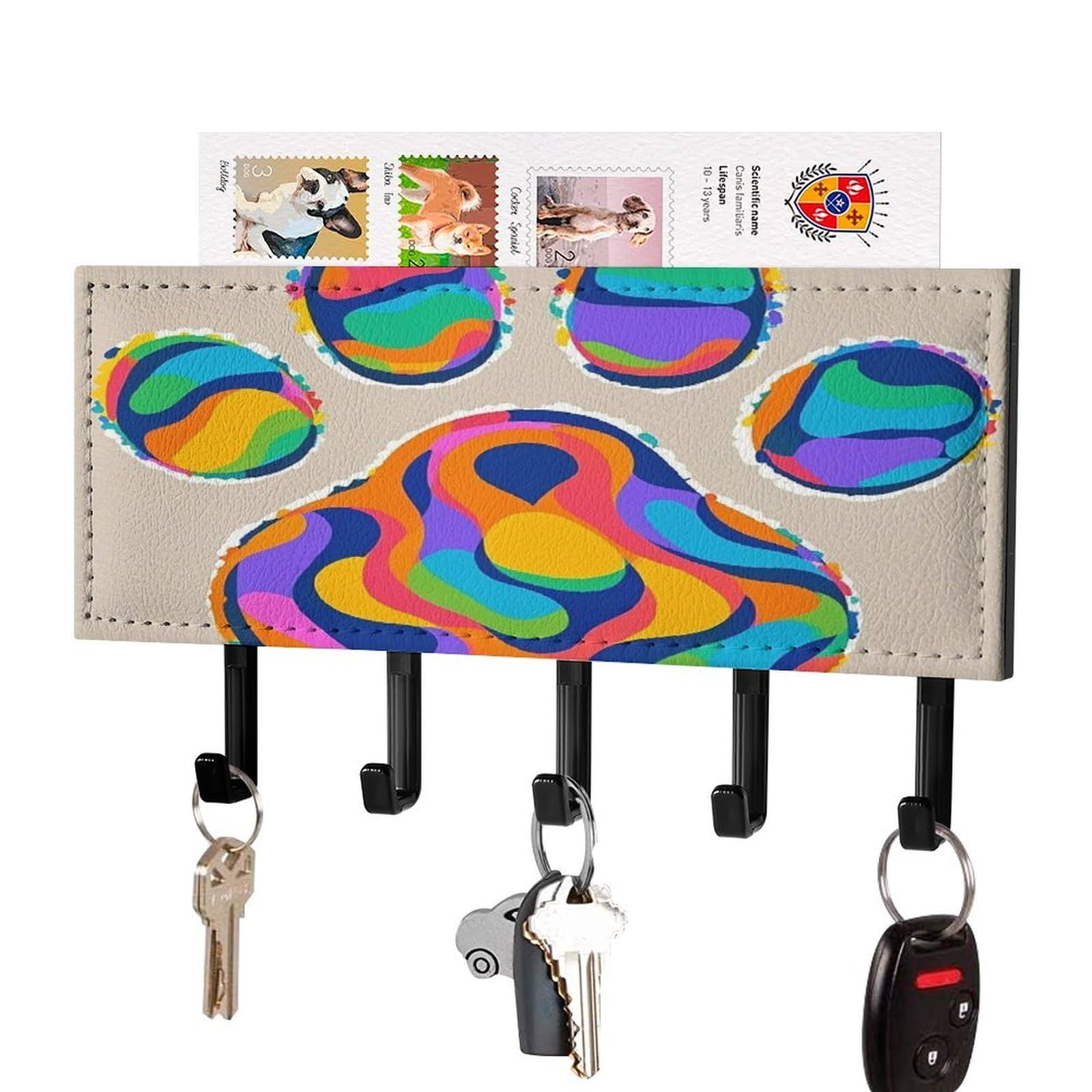 Fekiloot Black-Style Colorful Dog Paw Print Key Holder Wall Mount Key And Mail Holder Key Hanger With 5 Hooks Decorative Pu Key Rack Hanging Key Hooks For Wall Living Room Kitchen Bathroom Hallway