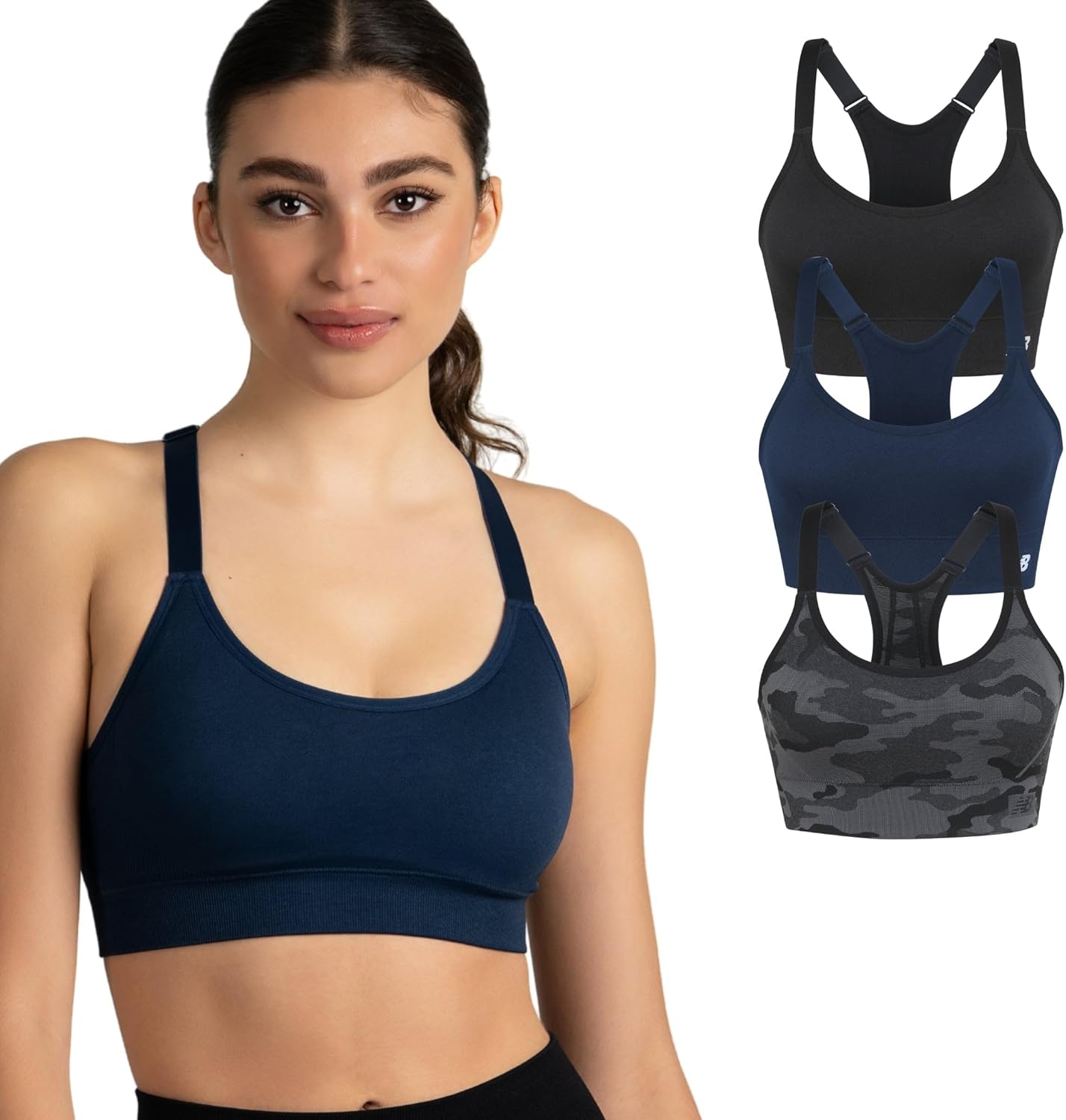 New Balance 3 Pack Sports Bras for Women, Keyhole Cami Racerback, Medium Impact Sports Bra, Womens Yoga Workout Running Set