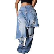 Famnbro Womens Baggy Ripped Jeans High Waisted y2k Irregular Patchwork Straight Wide Leg Frayed Denim Pants