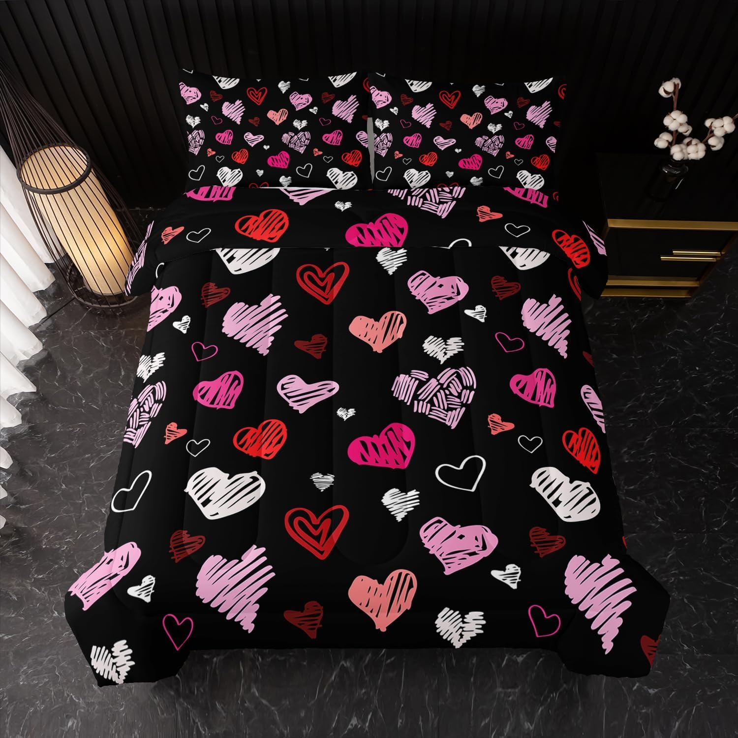 Nttopship Heart Comforter Sets Queen Size，Love Valentines Day Romantic Soft Bedding Set Pink Watercolor Kawaii Comforter Cartoon Love Heart Geometric Comforter Set Soft Warm Quilt 3Pcs