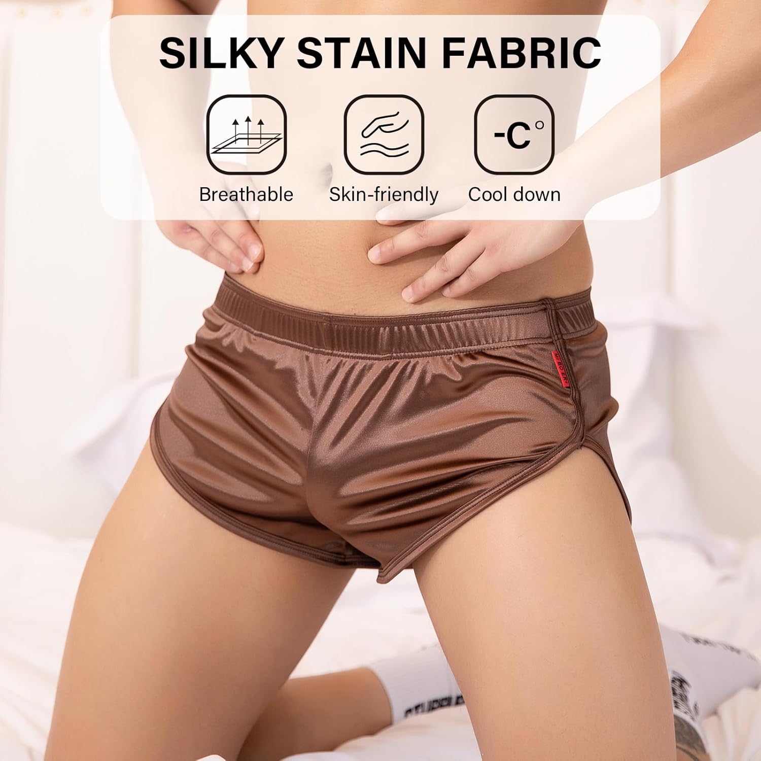 Mens Satin Boxer Briefs Silk Boxers with Pouch Lounge Shorts Split Side Pajama Bottoms Running SweatShorts - Image 6