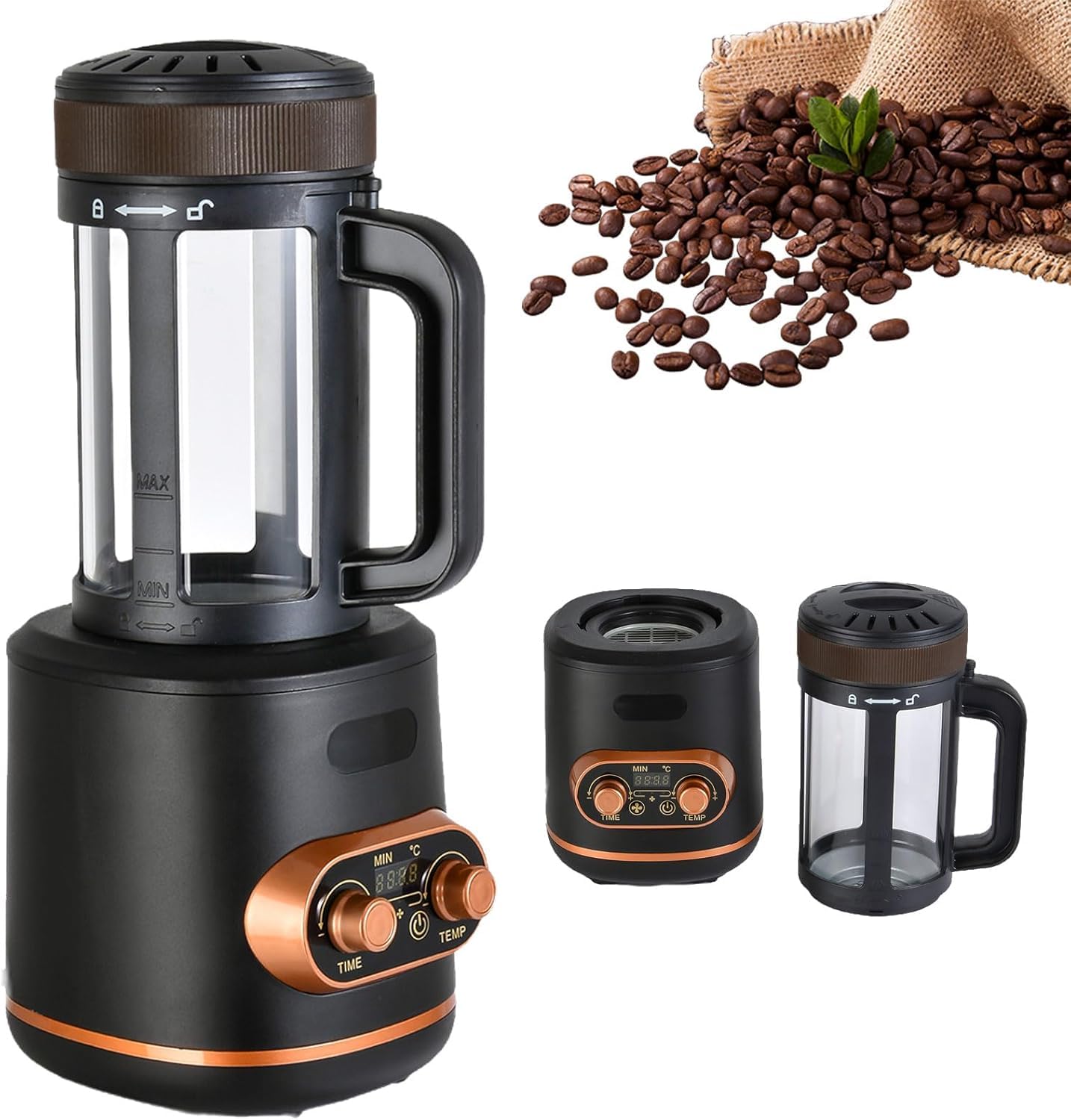 Machine à torréfier le café électrique, 300g 2200W Torréfacteurs automatiques avec fenêtre transparente, température/temps réglables, air chaud/froid, idéale pour maison, bureau, café et usage commerc