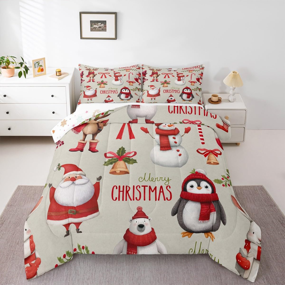 Erosebridal Merry Christmas Comforter Set, Kids Santa Claus Bedding Set Queen Size, Cute Deer Penguin Down Comforter for Boys Girls Xmas Bedroom Decor