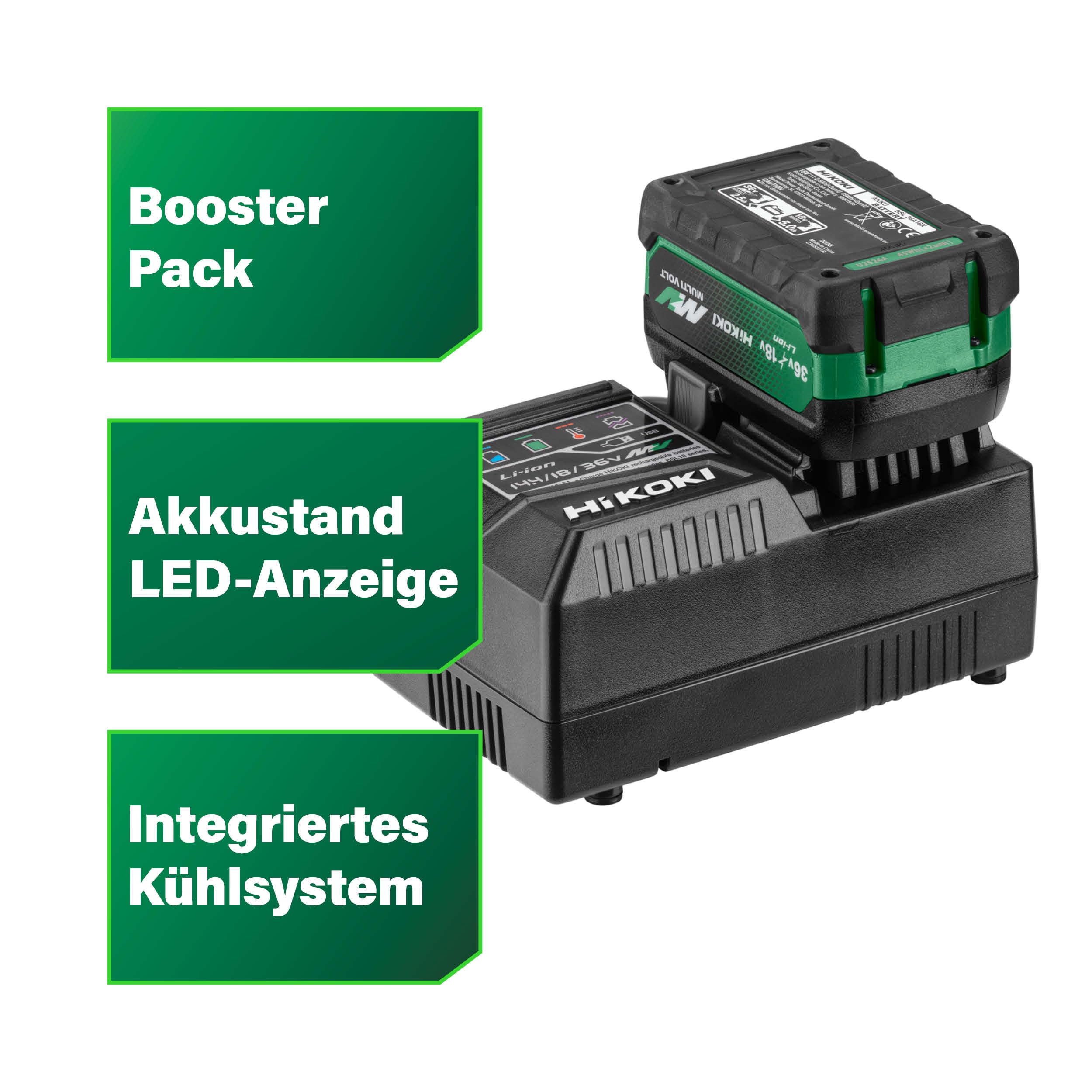 HiKOKI Booster Pack Set - Schnellladegerät für Li-Ion Akkus, USB-Port, LED-Anzeige, Lüfterkühlung - Inkl. 2 Multi Volt Akkupacks (36 V / 18 V - 2,5 Ah / 5,0 Ah), Ladegerät (14.4 V / 18 V / 36 V) | Set mit 2x 36 V / 18 V Li-Ion Akkupacks (2,5 Ah / 5,0 Ah),