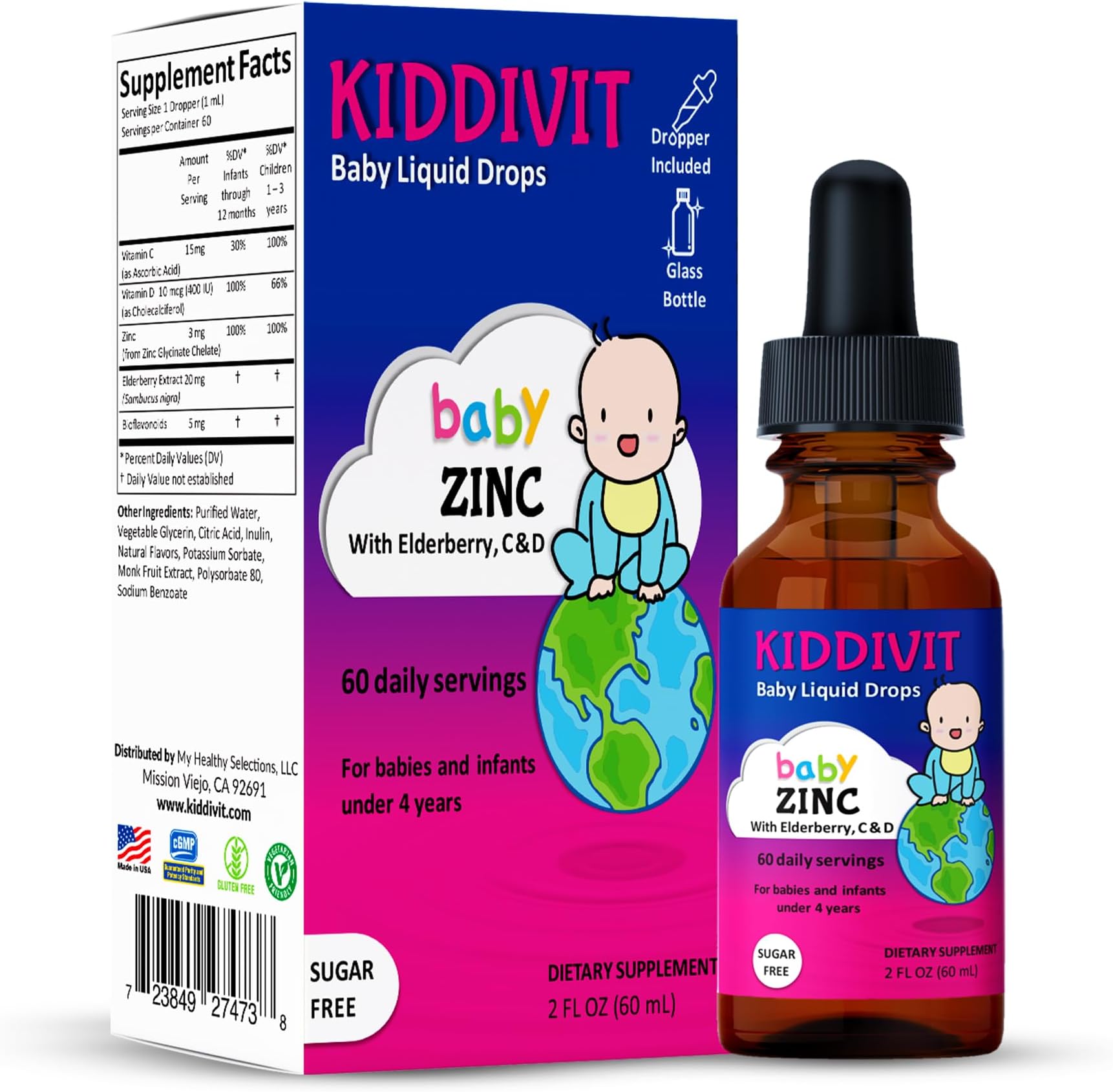 Baby Zinc Liquid Drops with Elderberry, Vitamin D3 & C - 60 Daily Servings, 2 Fl Oz (60 mL) - Inulin Fortified (Prebiotic, Dietary Fiber) - Sugar Free, Gluten Free, Vegetarian Friendly
