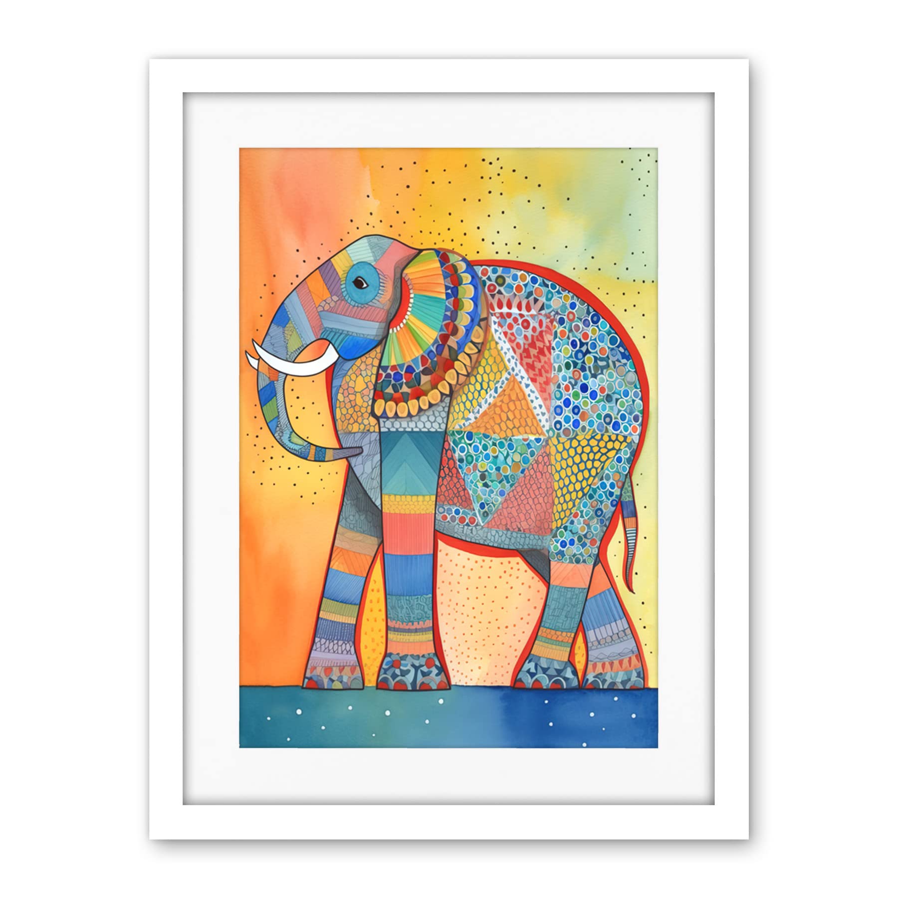Artery8 Elephant With Geometric Patterns Folk Art Watercolour Painting Artwork Framed Wall Art Print 18X24 Inch