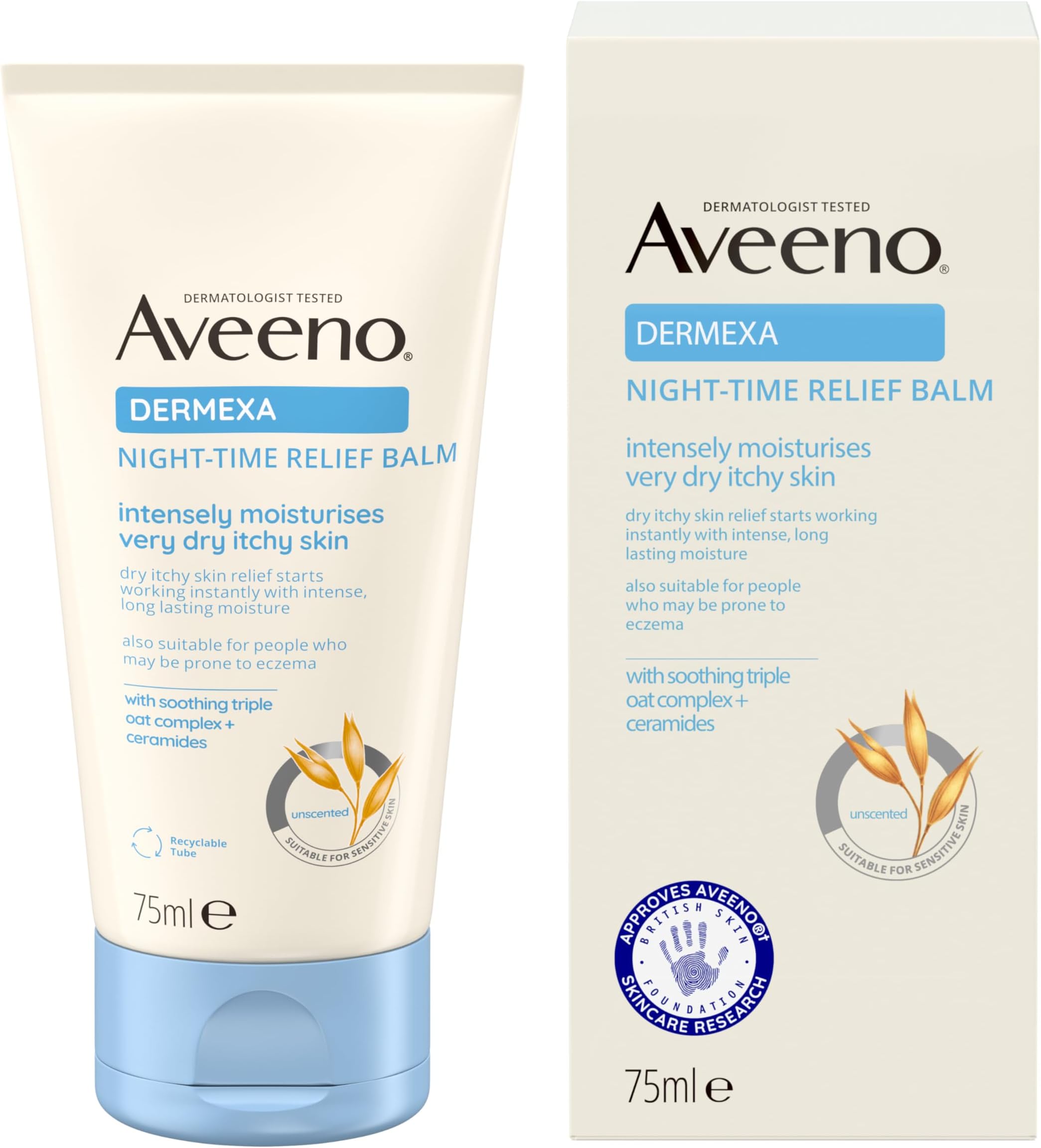 Dermexa Night-Time Relief Balm 75 ml for Very Dry Itchy Skin with Prebiotic Triple Oat Complex and Ceramides to Soothe and Strengthen Skin Barrier Overnight