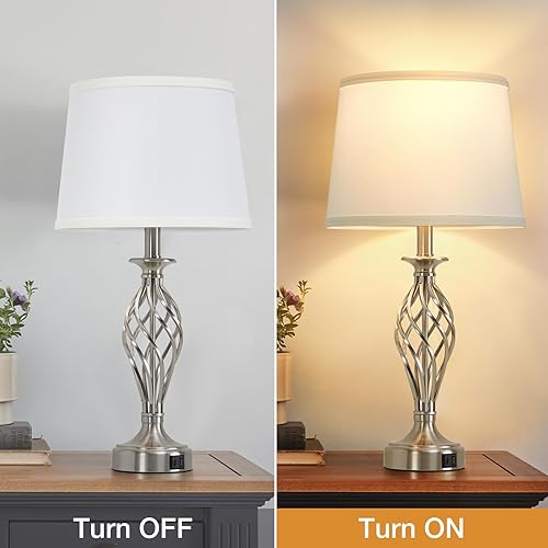 Miniatura 2 de Lámpara de mesa para dormitorio, juego de 2 con puertos USB C+A, modernas lámparas de noche con base de jaula en espiral, pantalla de tela blanca,