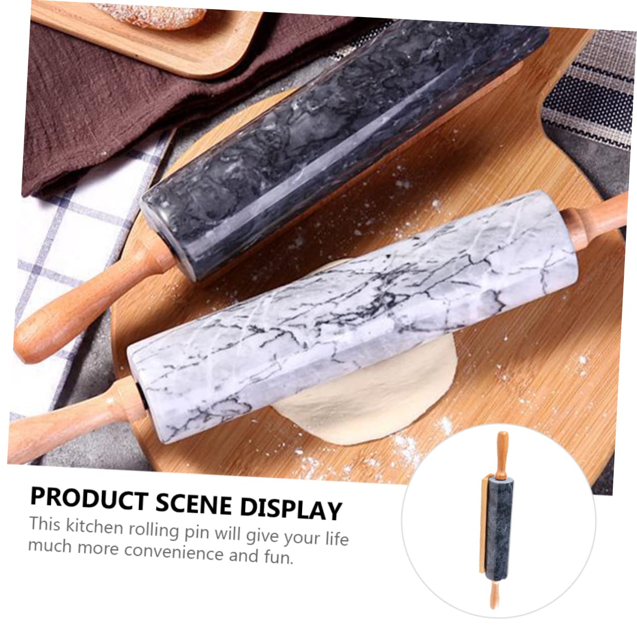 Zerodeko Rodillo de Mármol Natural con Mango de Madera para Pastelería Rodillo Antiadherente para Cocinas y Repostería