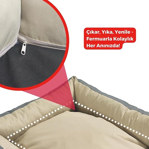 Xpermate Kedi Yatağı ve Köpek Yatağı Fermuarlı Yıkanabilir Evcil Hayvan Yatağı Yuvi Siesta 55x60x23 cm (Antrasit Bej)