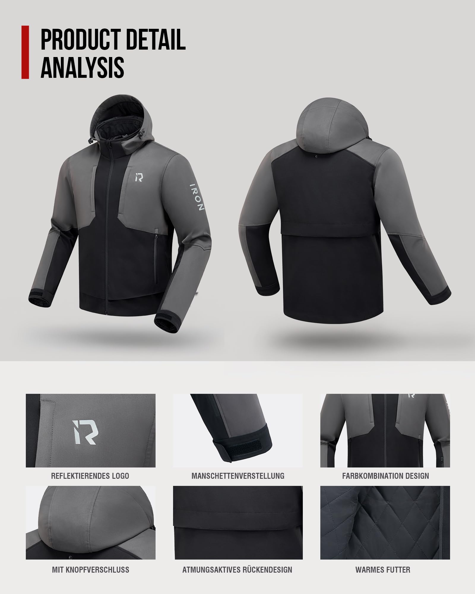 RIDEIRON Motorradjacke Herren Motorrad jacke Winter mit CE-Schulter und Ellenbogenpolstern Schutzausrüstung,Herausnehmbarem Futter zum Schutz vor Kälte und Wind für alle Jahreszeiten