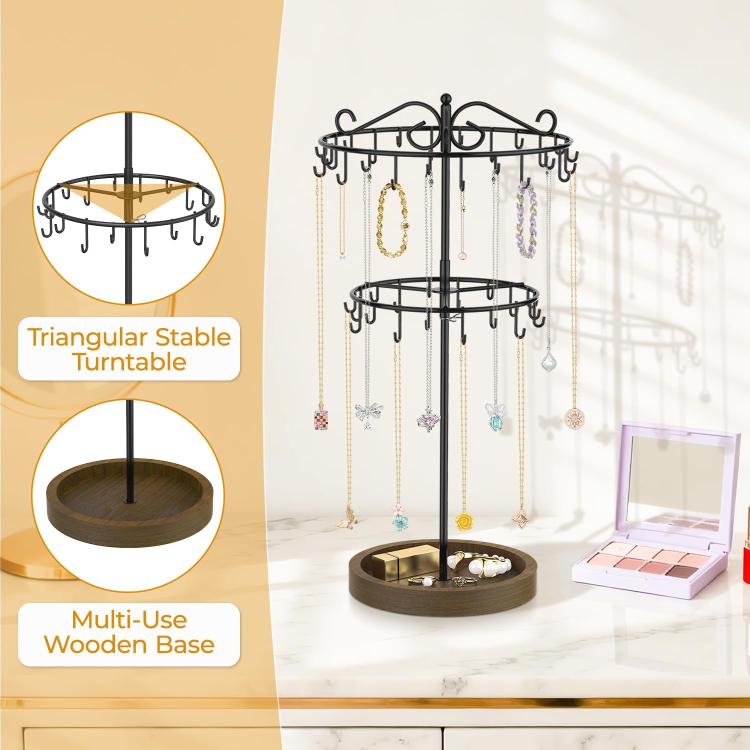 EsLuker.ly Necklace Holder Organizer Rotating Display Stand, 2 Tier Adjustable Height Necklaces Hanger Tree Tower with 42 Hooks, Metal Jewelry Storage Rack with Wooden Tray for Women (Black+Brown)