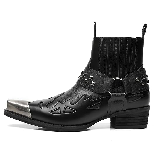 Men\'s Black Leather Steel Toe Low Top Pull On Elastic Band Wide Cuff Cowboy Boot Men main image 3