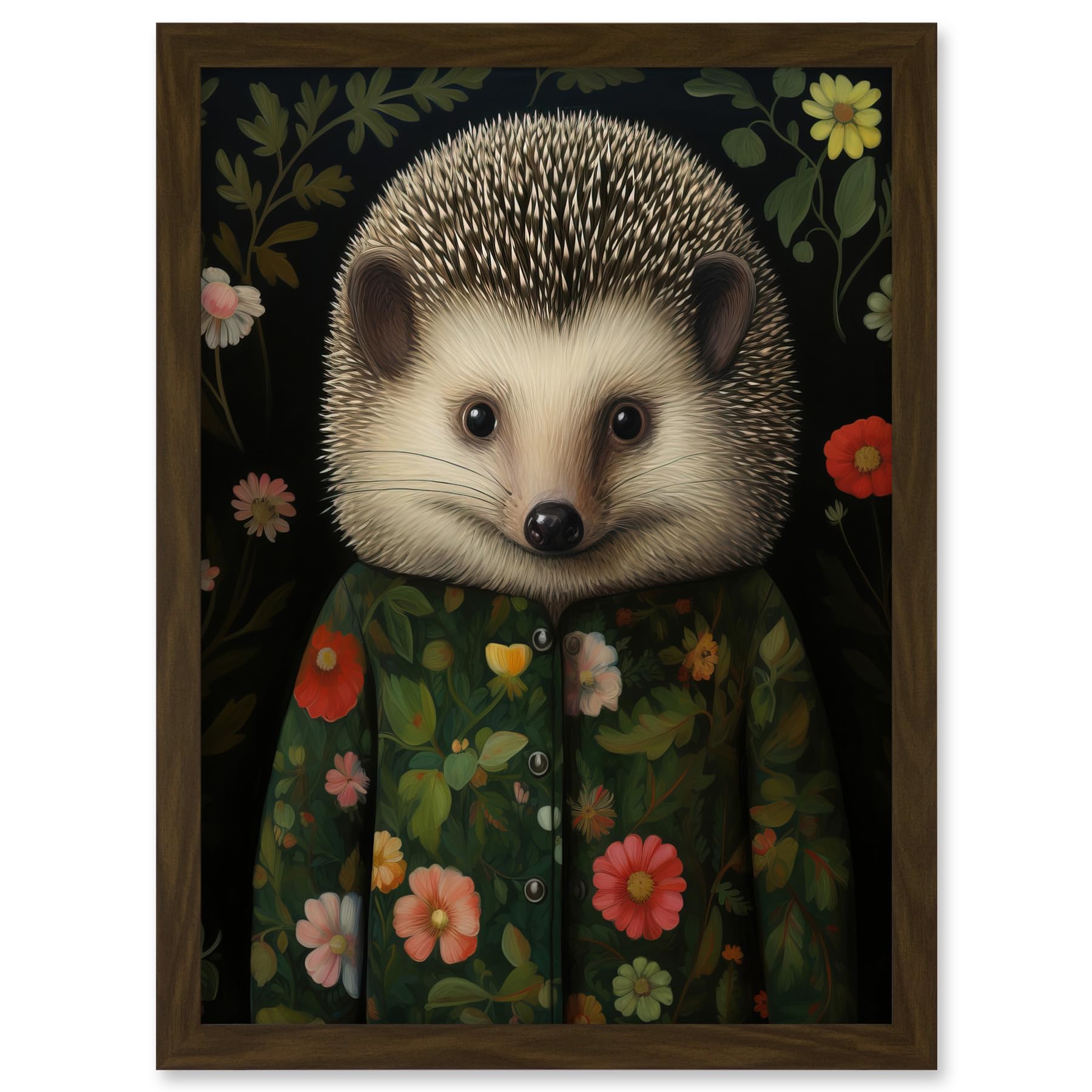 Artery8 Hedgehog in Hedgerow Floral Jacket Cute Kids Bedroom Artwork Framed A3 Wall Art Print