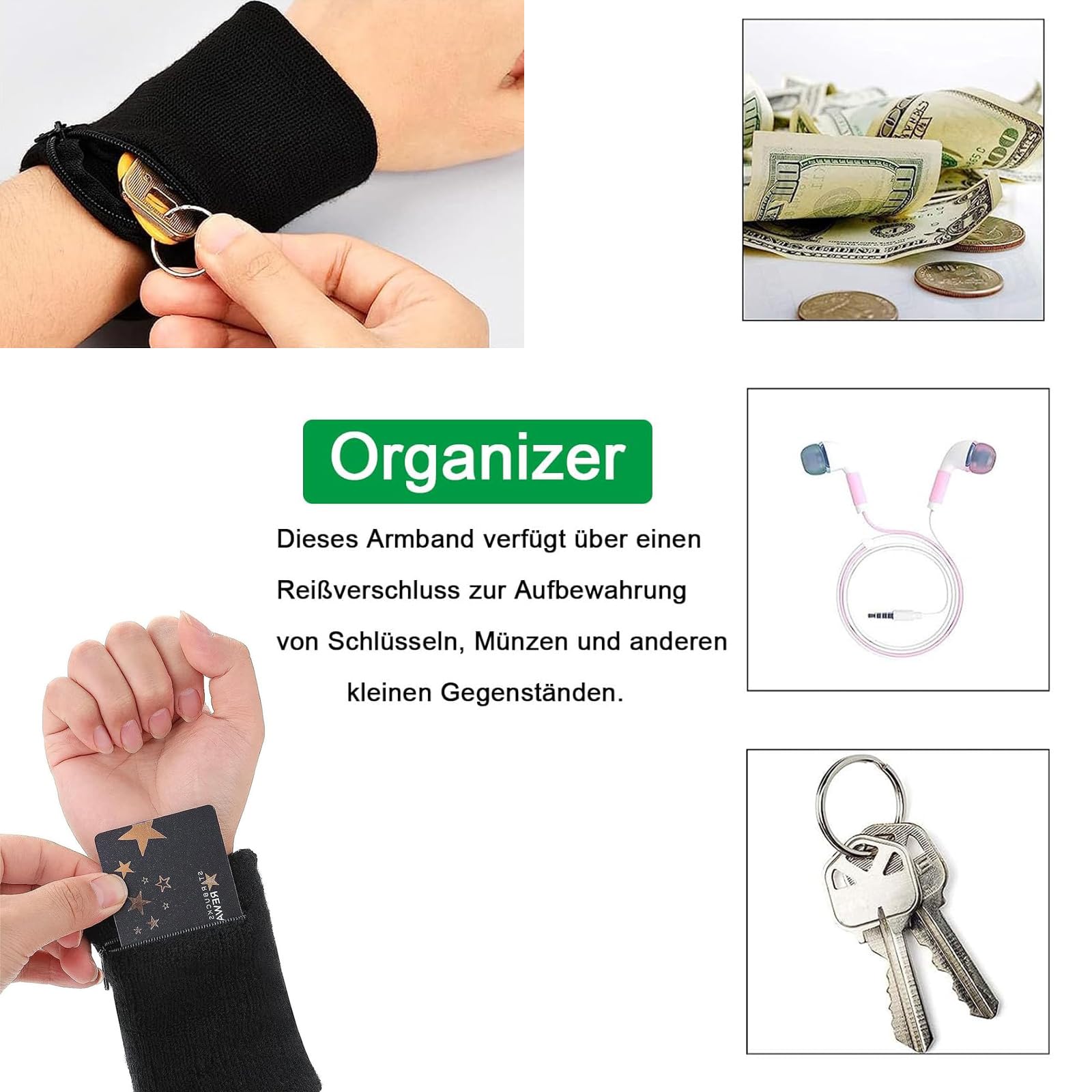 2 Sport-Armbänder Mit Handgelenktasche - Praktische Schweißbänder Mit Reißverschluss Für Training & Laufen