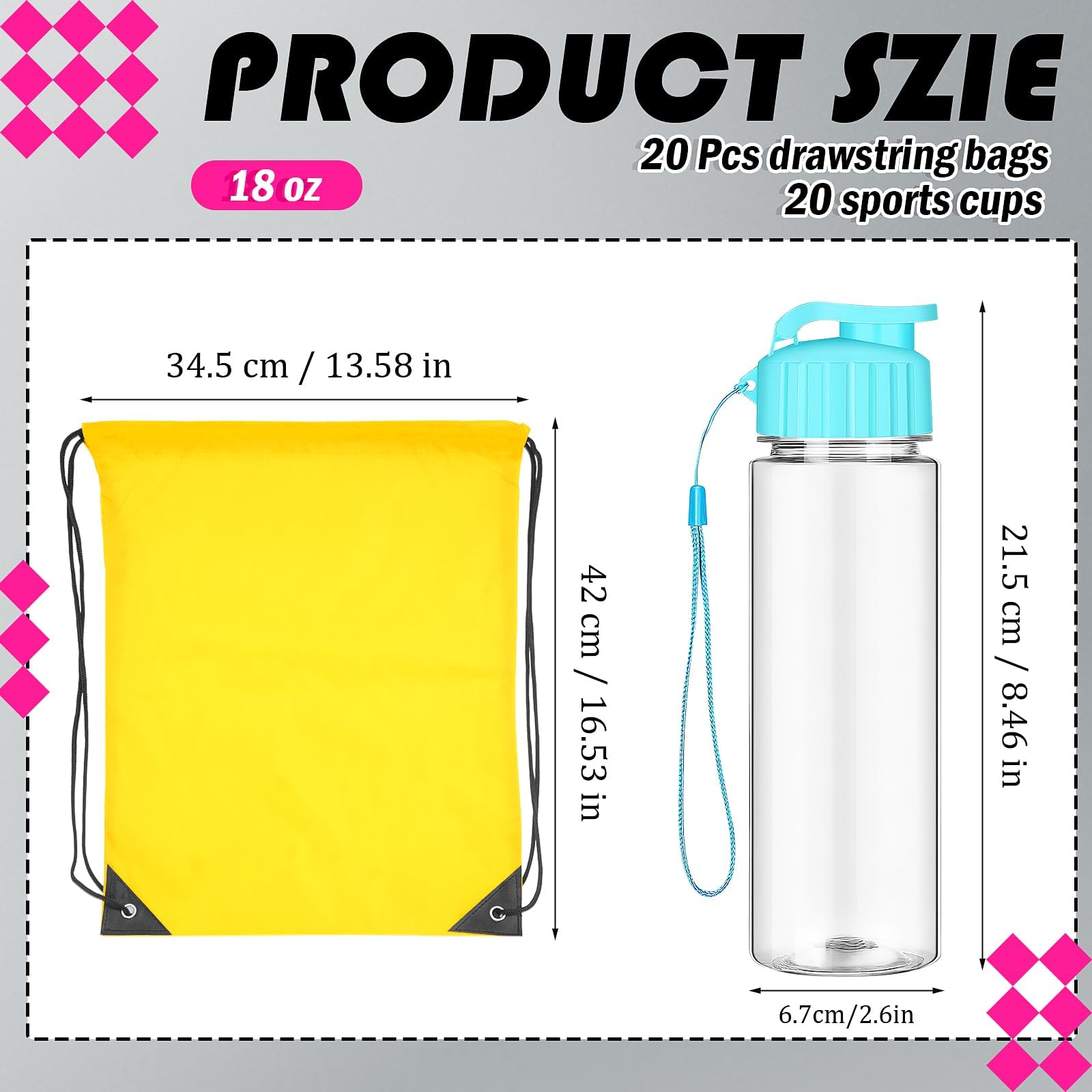 LYCN Set di 40 bottiglie in plastica e sacca da palestra – 500 ml bottiglie sportive con coperchio pieghevole e sacchetto con coulisse, set riutilizzabile per sport, fitness, campeggio, viaggi, feste
