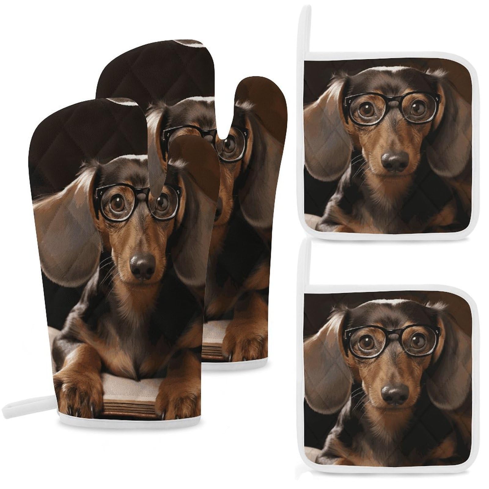 Dachshund Book Oven Mitts and Pot Holders Sets Heat Resistant Oven Glove with Hanging Loop for Baking Cooking BBQ Thicken Potholders for Kitchen