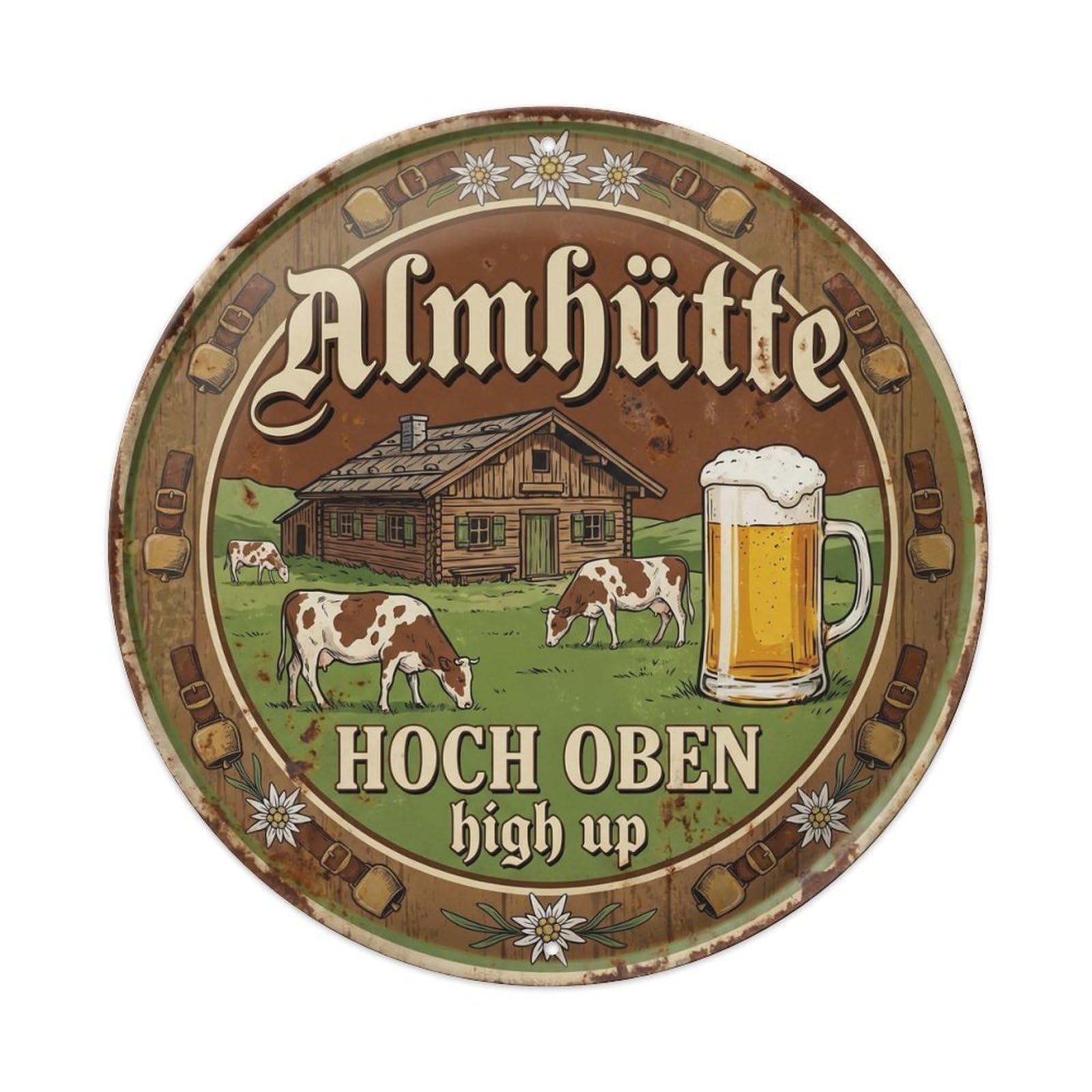 Vintage Bar Style Almhütte Traditional Alpine Hut Metal Tin Sign Plaque Wall Decor for Cafe, Club, Garden Round Metal Poster 8x8Inch