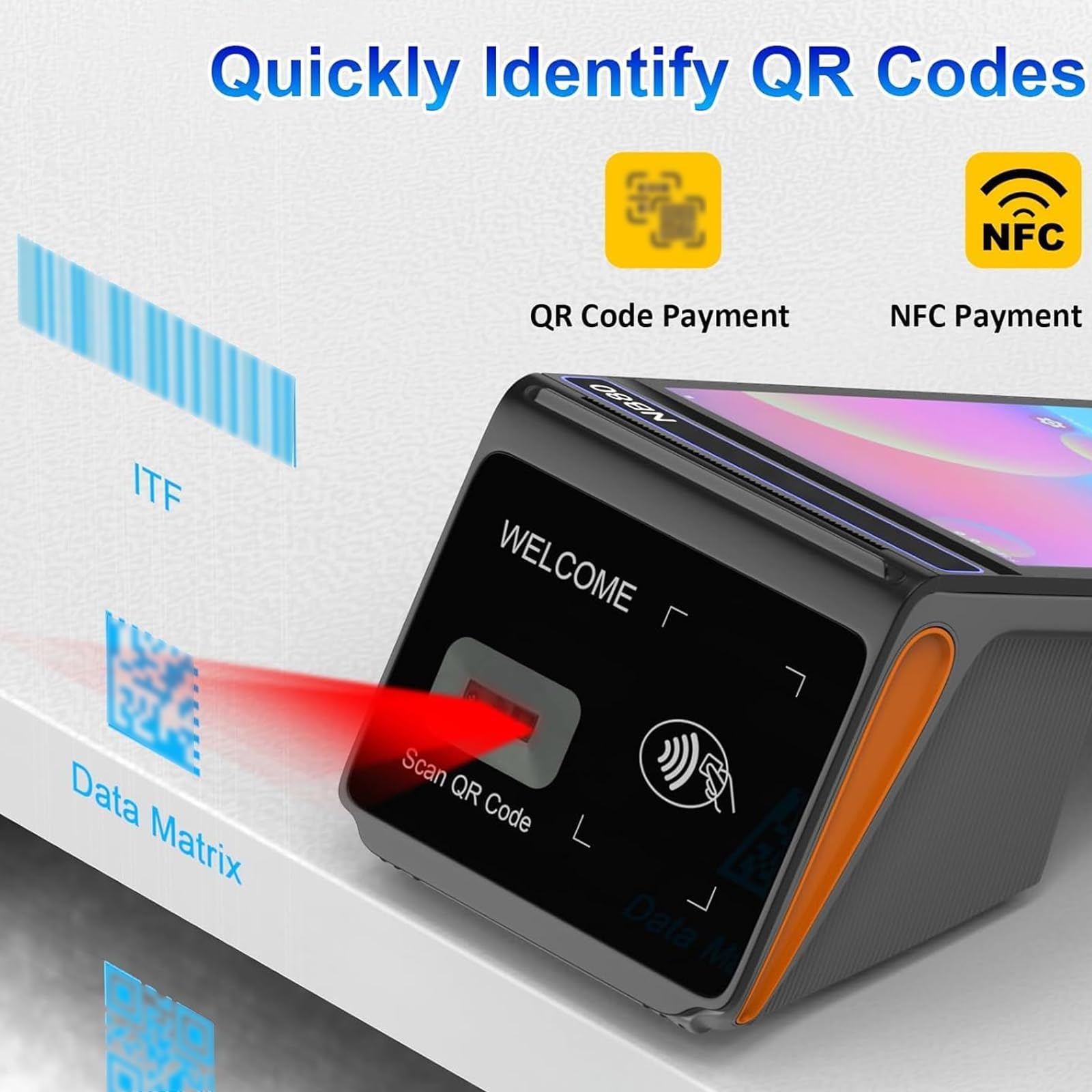 Terminale POS con touch screen da 8 pollici, stampante per ricevute da 58 mm, connettività 4G e WiFi, scanner di codici a barre e funzionalità NFC