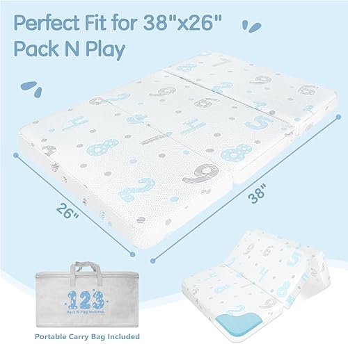 Miniatura 3 de Colchón Pack and Play, 38 x 26 pulgadas, diseño de doble cara para bebé y niño pequeño, colchón plegable para Pack N Play con funda lavable